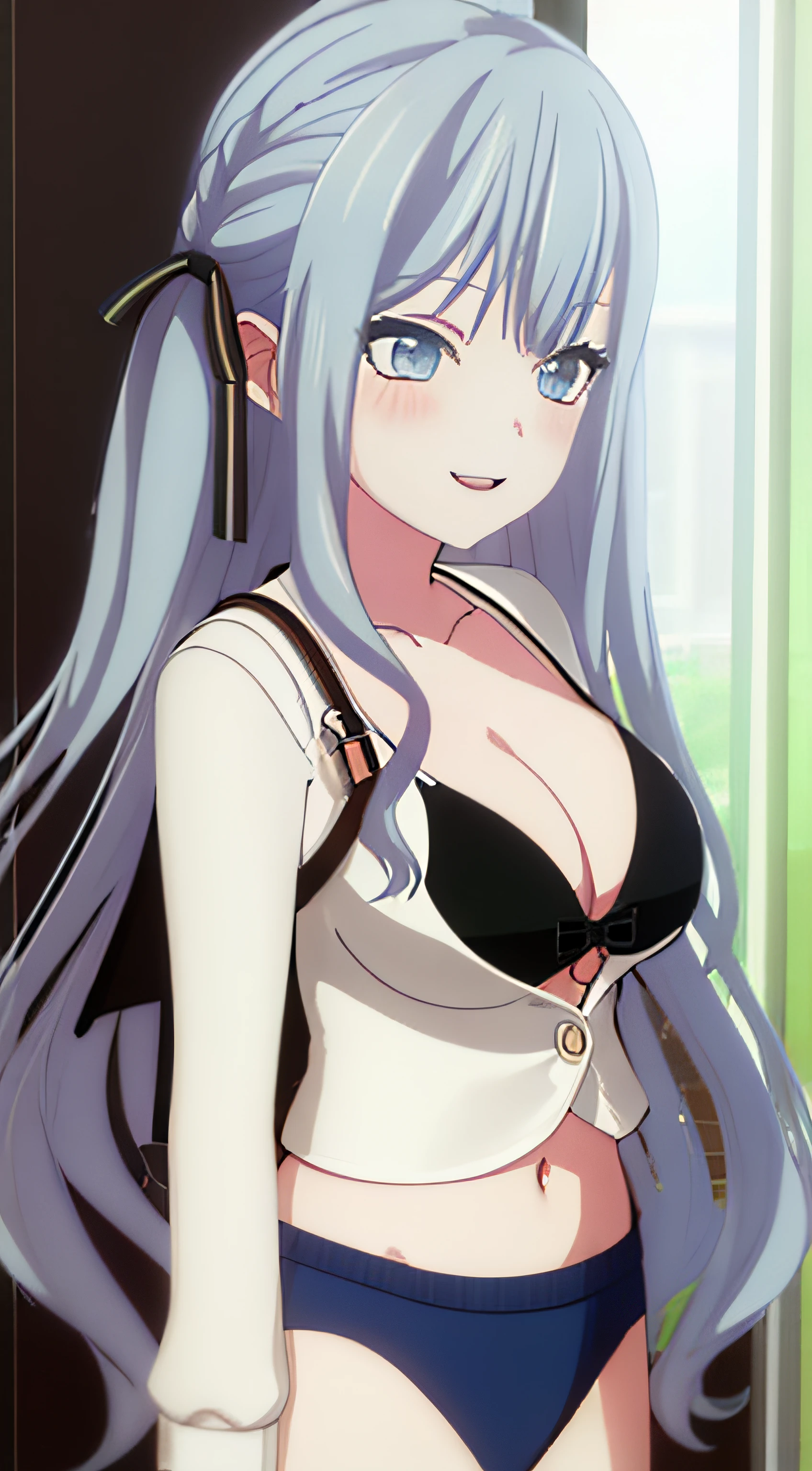 1girll, Breasts, Shooting _Fu Meixiang, Long_Hair, Solo,  girl with pink blue hair, Blue_Eyes, cleavage, Large_Breasts, Blush, shairband, Looking_at_peeping at the viewer, Open_Mouth, Smile, underwear, Hair_between_Eyes, 鎖骨, Bare_bshoulders, Bra, Bikini, swim wears, bangs, Off_Shoulder, bow, polka_points, navel,