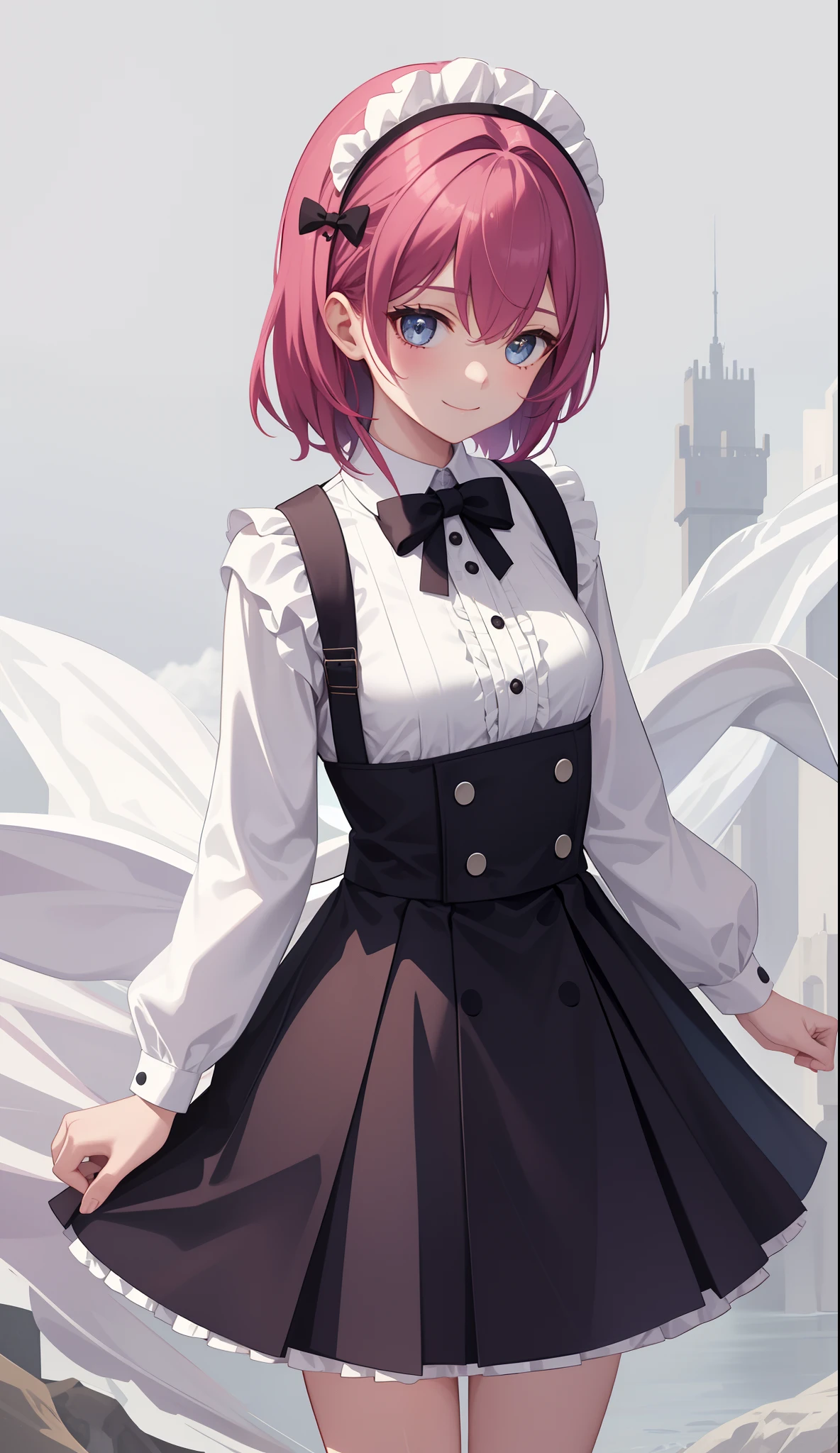 1girl in、AS-Adult、A smile、The shirt、Mini skirt、pantiy、(small tits)、doress、pinafore、Hair decoration、(Maid costume)、Walking with a thigh、Upper body portrait、