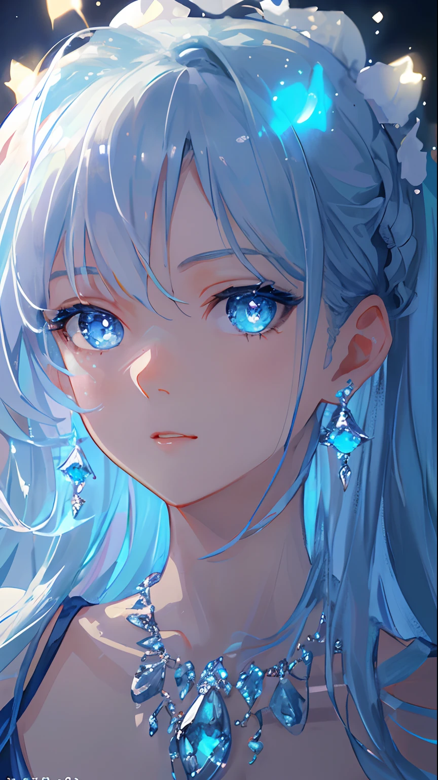 masterpiece, best quality, illustration, sax blue, platinum earrings, platinum necklace, white dress, 1girl, cute, (dynamic lighting:1.2), cinematic lighting, delicate facial features, detailed eyes, sharp pupils, realistic pupils, depth of field, bokeh, sharp focus, (hyper-detailed, bloom, glow:1.4), many small gems