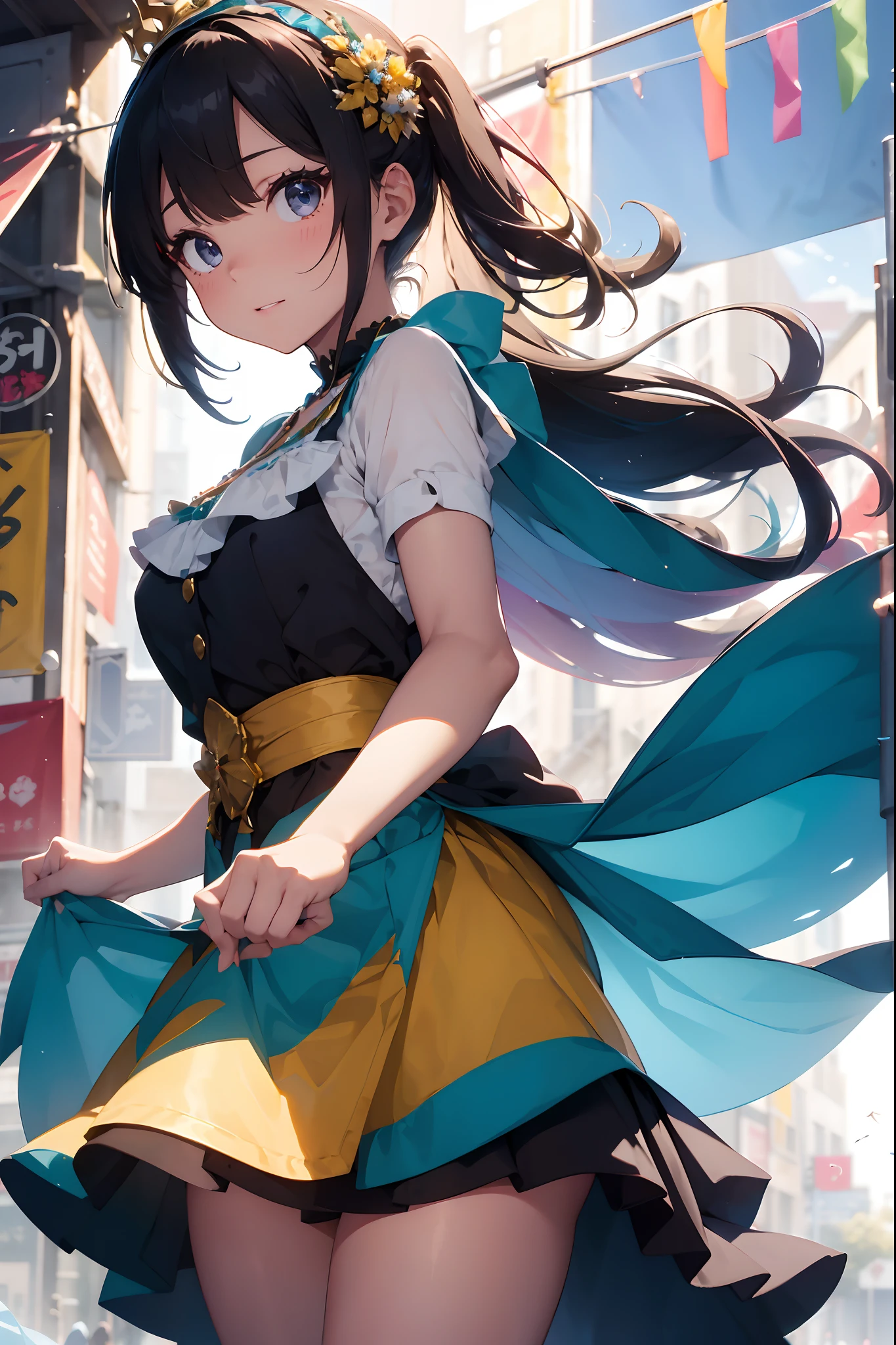 Amidst a vibrant, bustling carnival, there stands an enchantingly beautiful girl who seems to have stepped out of a kaleidoscope of colors and joy. Her attire is a breathtaking testament to the celebration that surrounds her, and every hue dances in harmony to create a dazzling spectacle.
She wears a resplendent gown that is a riot of vibrant colors, as if a rainbow had been woven into the fabric itself (dress material: 1.0). The bodice of her dress is a rich, royal blue adorned with intricate, hand-embroidered patterns that gleam with gold and silver threads (bodice design: 1.0).
Her skirt flows in a riot of colors, transitioning seamlessly from emerald green at the waist to deep crimson, then to electric blue, and finally ending in a burst of sunny yellow at the hem (skirt gradient: 1.0). The fabric is so voluminous that it billows around her like a glorious, swirling whirlwind of color with each step (skirt volume: 1.0).
Around her waist, she wears a wide sash in a brilliant shade of fuchsia, cinched with a bow that adds a playful touch (waist sash: 1.0). The sash is adorned with sparkling sequins that catch the sunlight and cast shimmering reflections all around her (sequin detail: 1.0).
Her hair is a cascade of lustrous chestnut waves, adorned with a crown of fresh flowers that mirror the carnival's vibrant palette (flower crown: 1.0). Her eyes are lined with vivid teal eyeshadow that enhances their natural sparkle (eye makeup: 1.0).
With every movement, she seems to release a burst of color into the air, and as she twirls, the carnival seems to come alive around her, matching the vibrancy of her attire. She is not just a part of the festivities; she is the very embodiment of the carnival's exuberance, a living celebration of life and color.