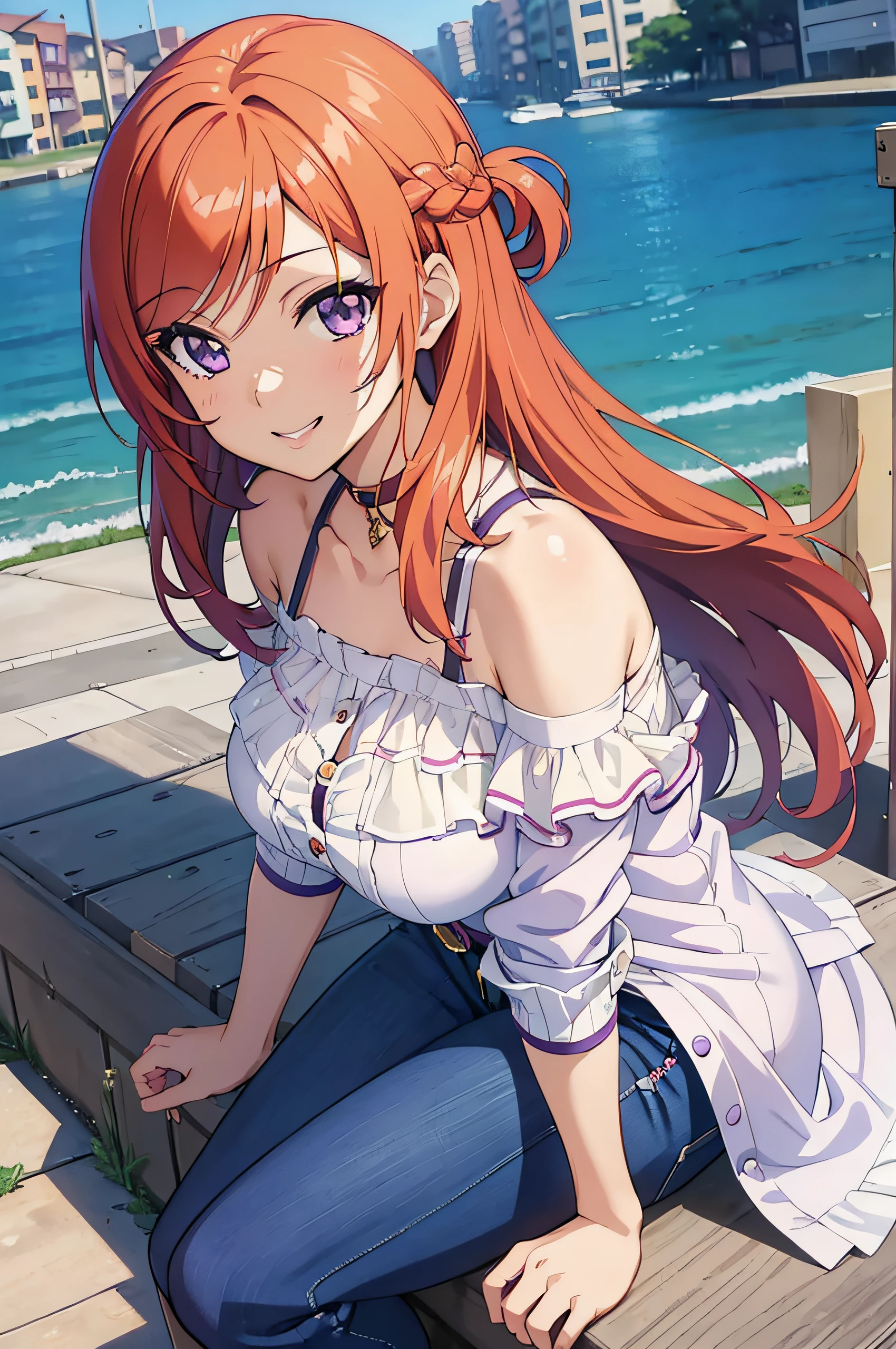 (masterpiece, best quality, detailed) ,1girl,nishikino maki,purple eyes ,(short hair:1.2), jeans walking down the street,cute anime girl, pretty anime girl, smooth anime cg art, beautiful anime girl, attractive anime girl, ecchi anime style, seductive anime girl.teasing smile, clean detailed anime art,high resolution, (perfect hands, perfect anatomy),