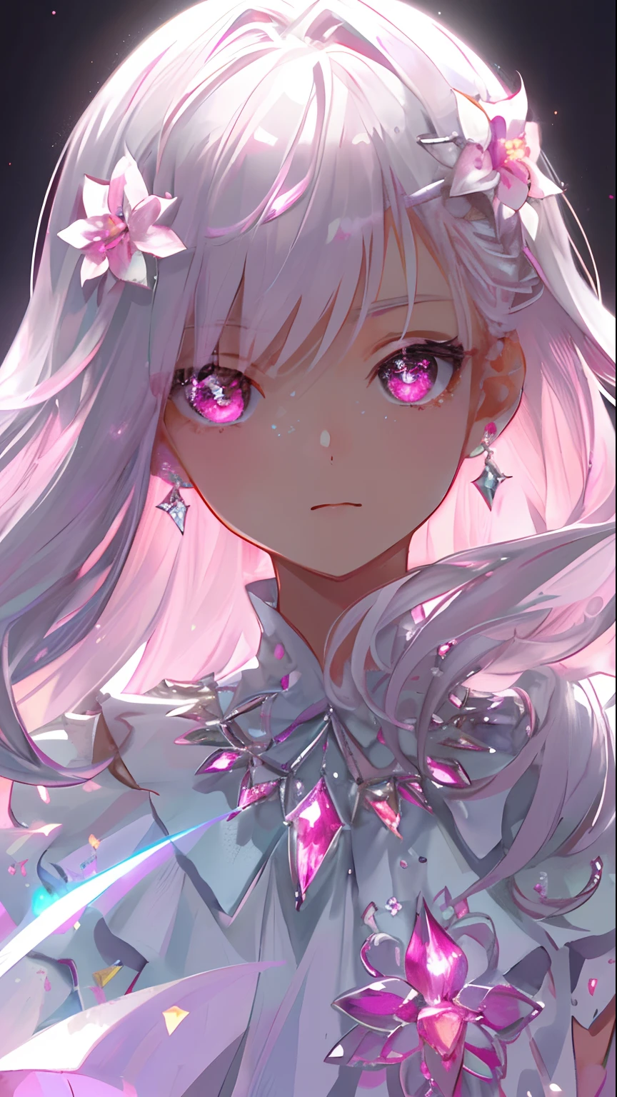 masterpiece, best quality, illustration, flashy pink, platinum earrings, platinum necklace, white dress, 1girl, cute, (dynamic lighting:1.2), cinematic lighting, delicate facial features, detailed eyes, sharp pupils, realistic pupils, depth of field, bokeh, sharp focus, (hyper-detailed, bloom, glow:1.4), many small gems