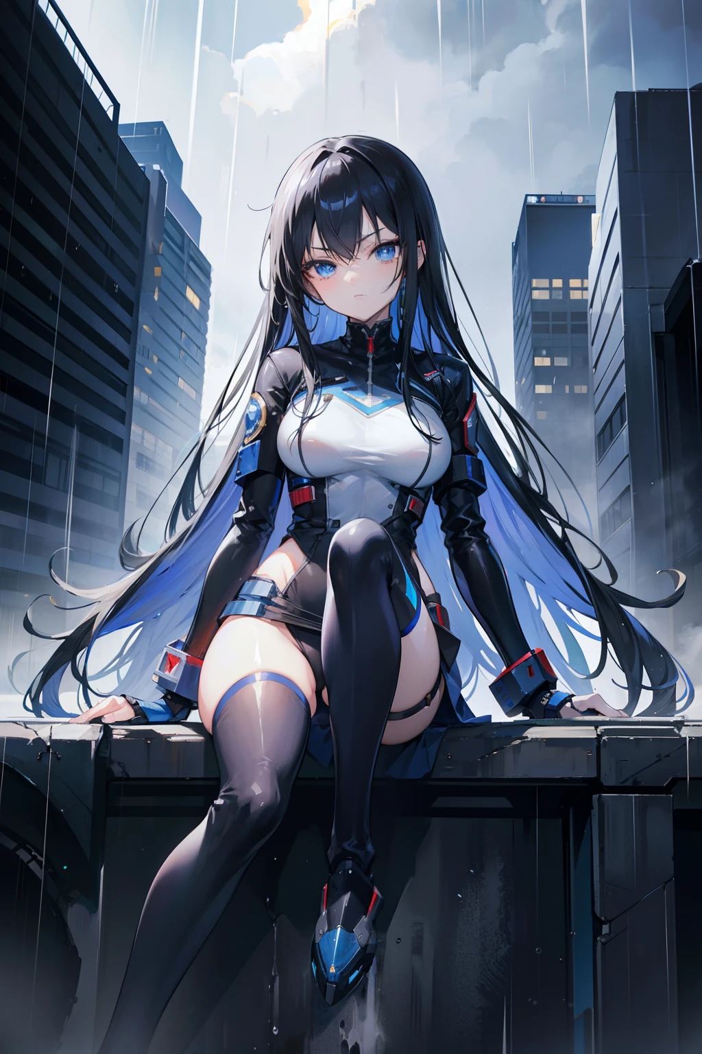 anime girl, good anatomy, detailed face, long black hair, beautiful blue eyes, slightly fierce face, mature, tall, sitting in a mecha suit, nice background of a rainy city, 8k, high resolution