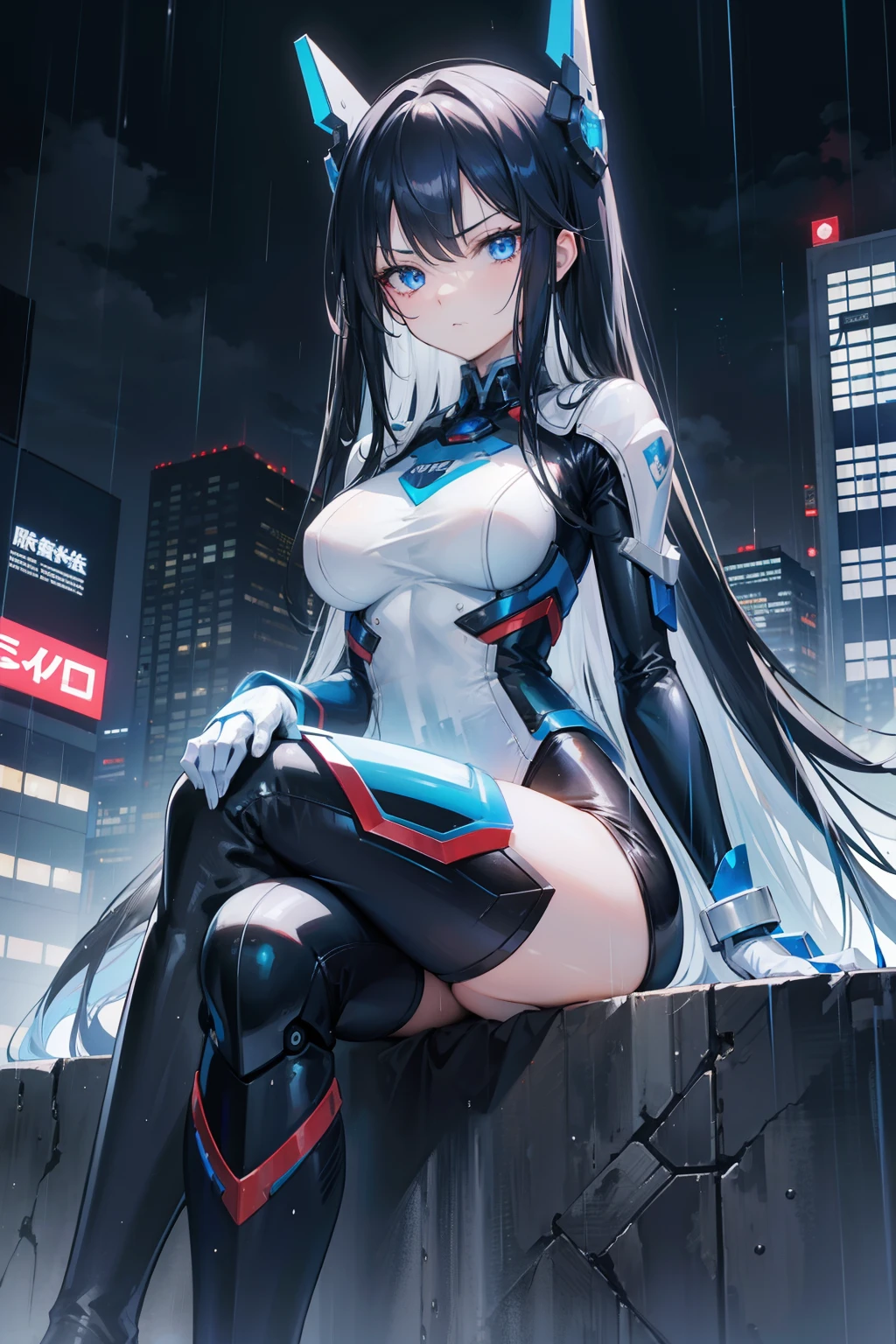 anime girl, good anatomy, detailed face, long black hair, beautiful blue eyes, slightly fierce face, mature, tall, sitting in a mecha suit, nice background of a rainy city, 8k, high resolution