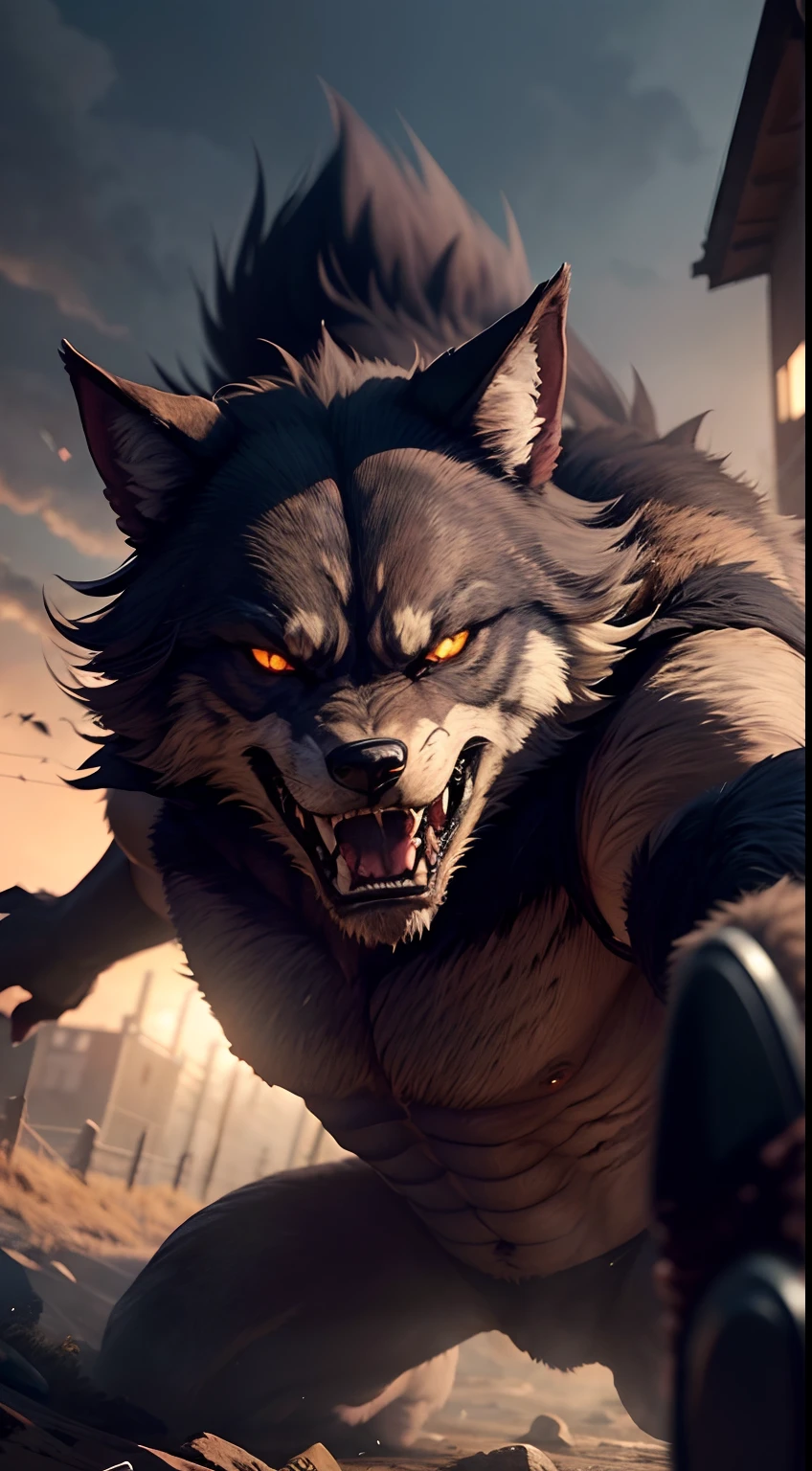 Generate an image in first-person perspective where we see a close-up of the werewolf attacking us. The scene should be intense and filled with suspense, with the werewolf lunging towards us. Ensure that the atmosphere conveys the fear and danger of the situation