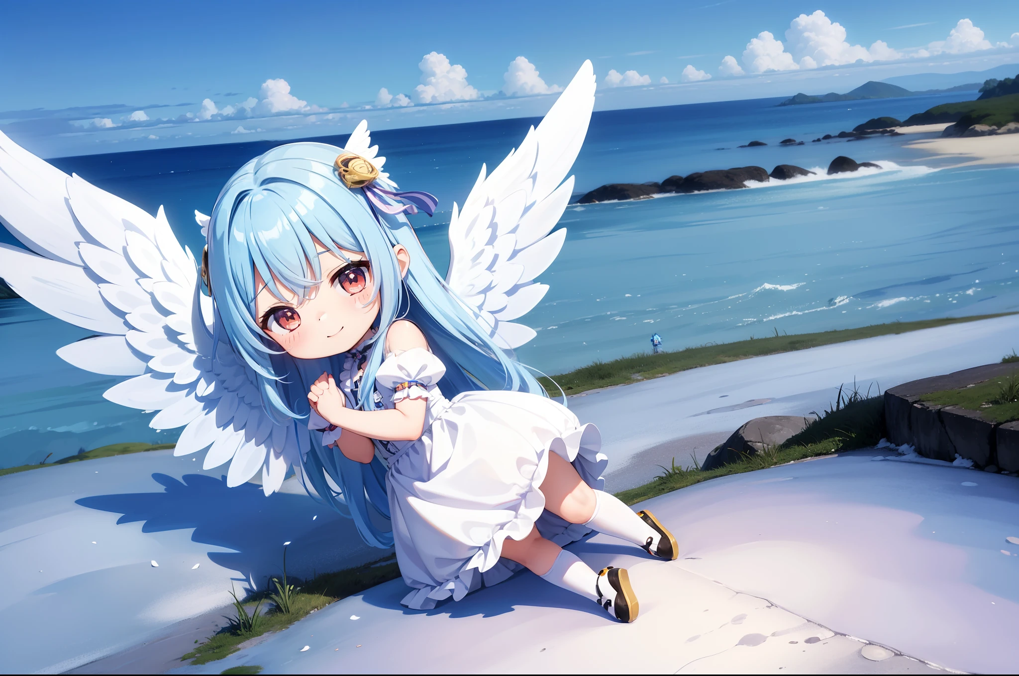 angelicales Chibichara Facing the front、Face us with an adorable smile、big big big white wings on the back、long hair with blue hair((Chibi Chara))、Fluffy、girl with、Chibi Chara、full body Esbian、angel costume、Pastel colors hair、masutepiece、top-quality、Vast landscape in the background(a picture)