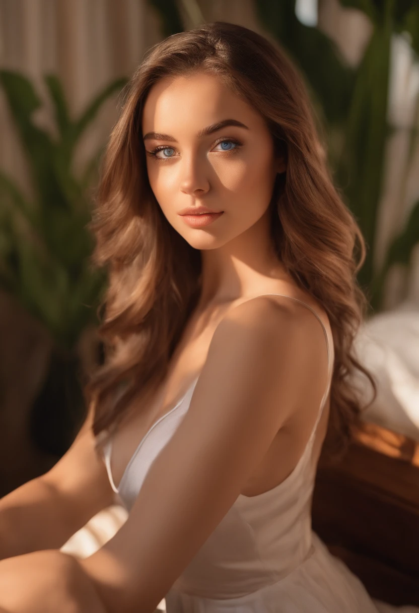arafed woman fully , sexy girl with blue eyes, ultra realistic, meticulously detailed, portrait sophie mudd, brown hair and large eyes, selfie of a young woman, bedroom eyes, violet myers, makeup, natural makeup, looking directly at the camera, subtle makeup, stunning full body stretching in the sunshine in bedroom, large size bust