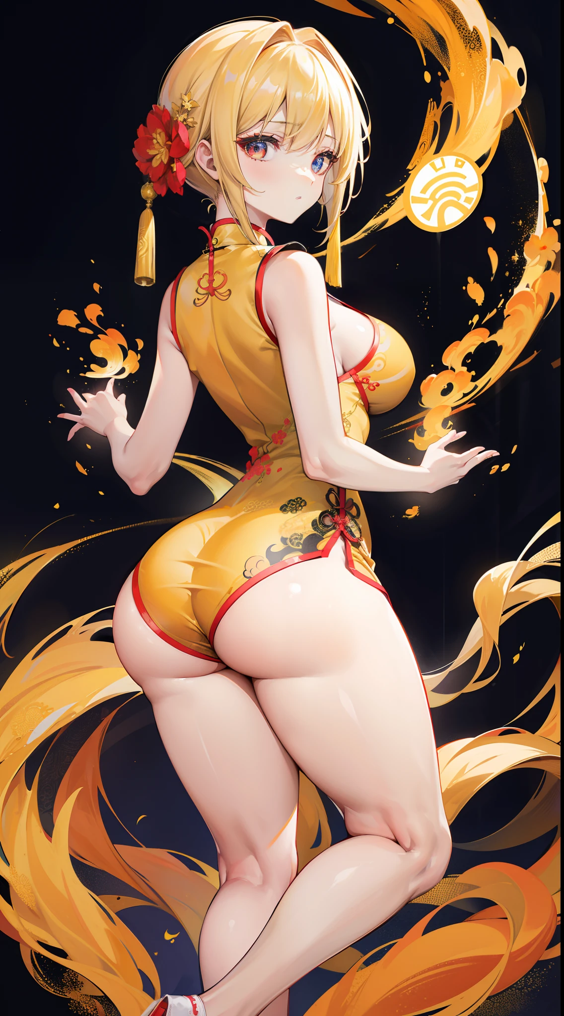 The blonde,on cheongsam,(Golden cheongsam),(Chinese tradition),During the Republic of China,huge tit,High-forked cheongsam,expose arms,Exposing thighs,(cleavage),Full body photo,(Cocked buttocks),(Hypertrophic buttocks)