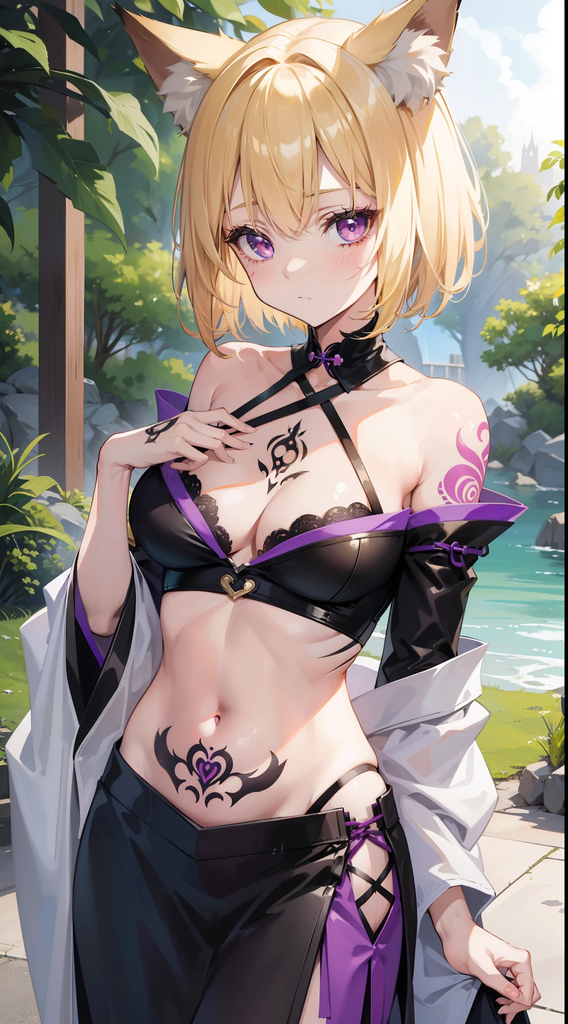 young girl, short blonde hair, Fox ears, violet eyes, tattoo, Scars, green kimono, tattoo, open belly, open breasts, open shoulders, neckline on the chest, long skirt, Sad,4k, HD, Good detail