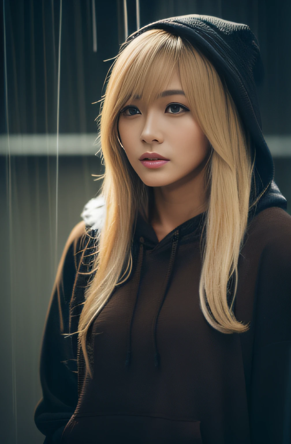 (masterpiece:1.2), ultra detailed, ultra high res, (realistic, photo realistic:1.37), high detail RAW color photo, professional photograph, an extremely delicate and beautiful, extremely detailed, finely detail, huge file size, extremely detailed beautiful girl, extremely detailed face, extremely detailed eyes, extremely detailed skin, extremely detailed nose, extremely detailed mouth, perfect anatomy, highly detailed background, shiny skin, (Japanese famous actress:1.2), (gyaru:1.25), flat chest, (brown race, dark skin, blond hair:1.55), very shortcut hair, (hoodie:1.2), hood up, (heavy rain:1.4), wet hair, wet skin, water drops, (full body:1.3), cinematic lighting, (dynamic pose:1.35), (shibuya:1.3)