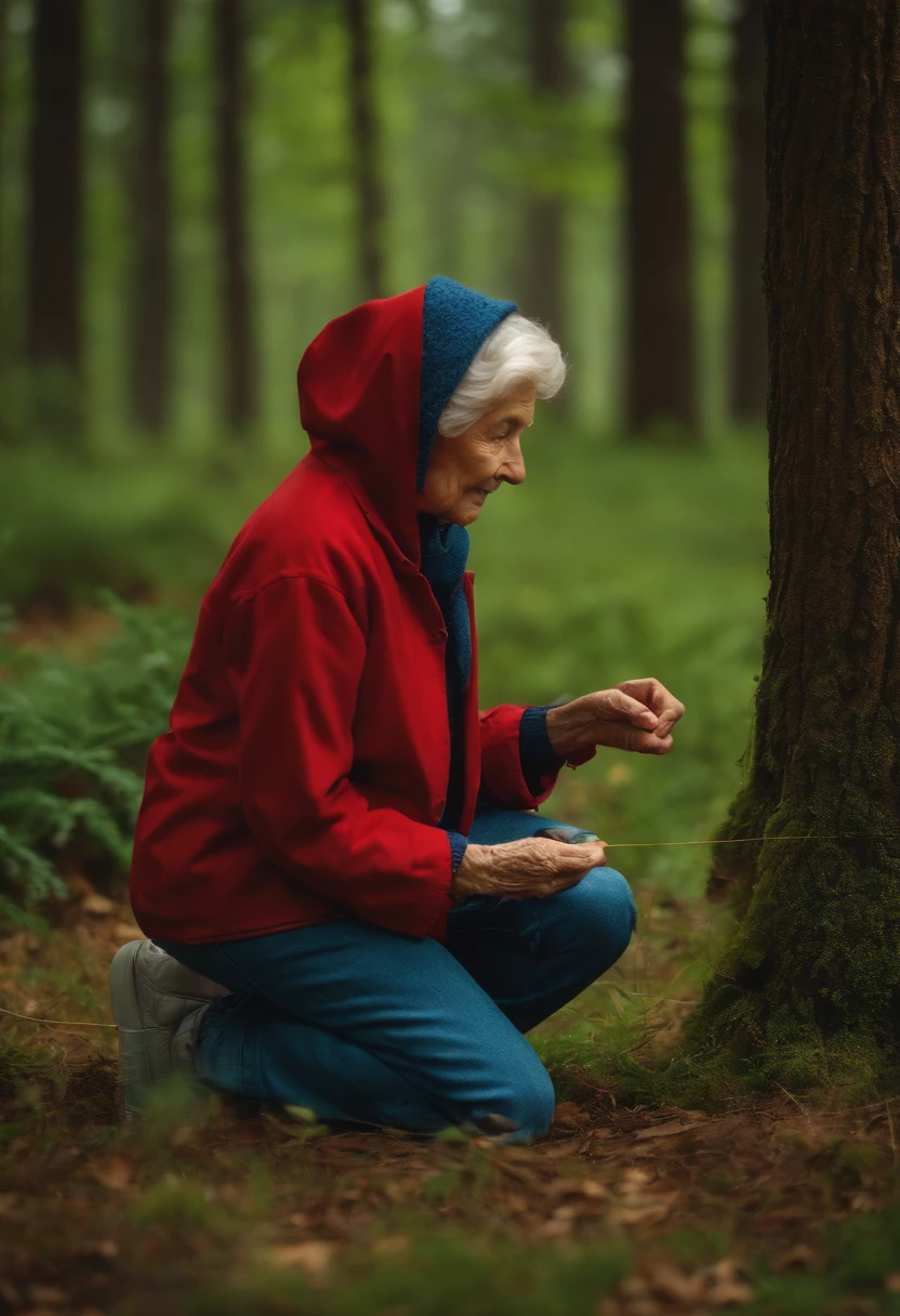 on a green lawn in the middle of the forest,Old Grandma in a blue raincoat giving a golden thread to a boy twelve-year-old boy in a red sweatshirt and blue jeans;
