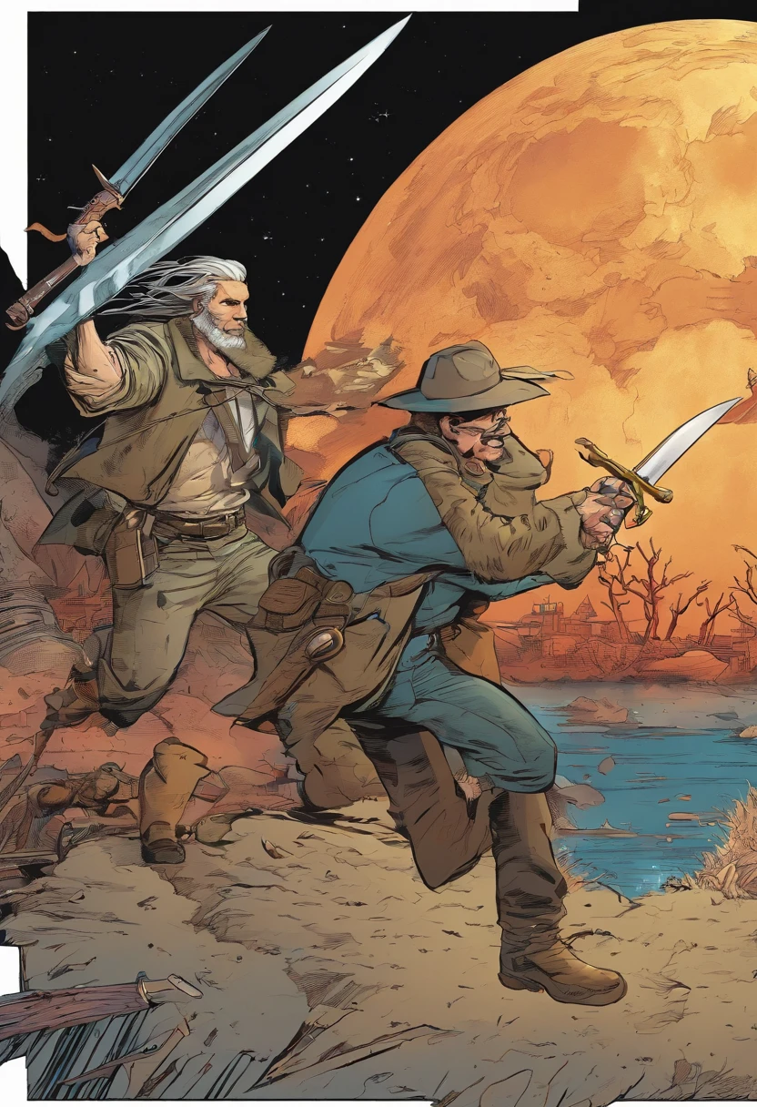 American comics, The style is exaggerated and detailed
Two men，A bald man chases another man with short hair with a knife，The expression of fear on the face of being hunted down，The expression of chasing and killing is serious，The background is a bright moon in the middle of the night