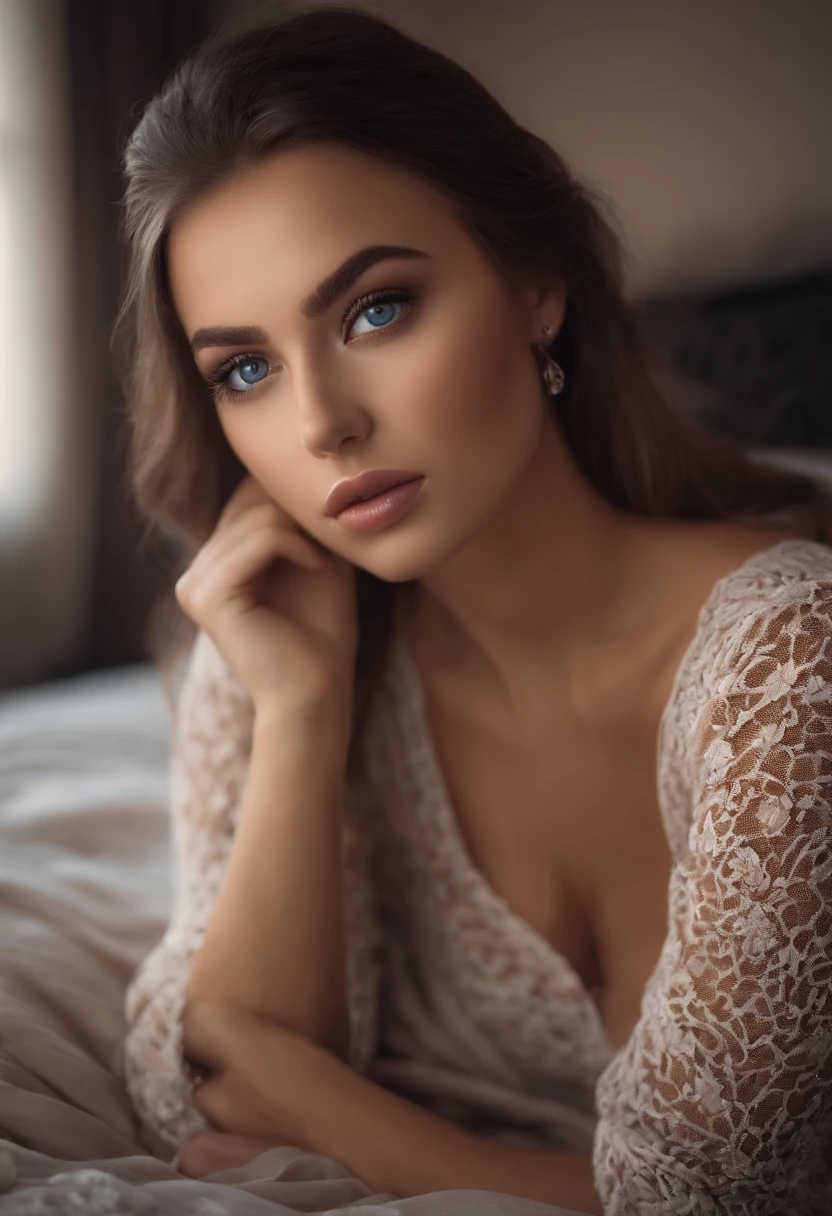 arafed woman fully, thick, sexy girl with blue eyes, ultra realistic, meticulously detailed, portrait sophie mudd, brown hair and large eyes, selfie of a young woman, bedroom eyes, violet myers, makeup, natural makeup, looking directly at the camera, subtle makeup, stunning full body stretching in the sunshine in bedroom, large size bust