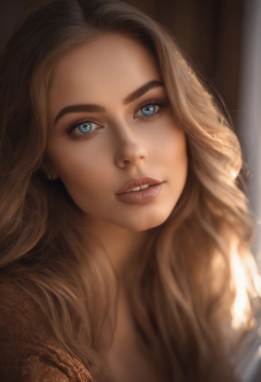 arafed woman fully, thick, sexy girl with blue eyes, ultra realistic, meticulously detailed, portrait sophie mudd, brown hair and large eyes, selfie of a young woman, bedroom eyes, violet myers, makeup, natural makeup, looking directly at the camera, subtle makeup, stunning full body stretching in the sunshine in bedroom, large size bust