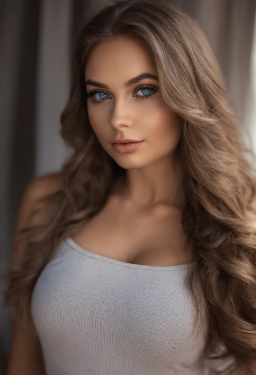 arafed woman fully, thick, sexy girl with blue eyes, ultra realistic, meticulously detailed, portrait sophie mudd, brown hair and large eyes, selfie of a young woman, bedroom eyes, violet myers, makeup, natural makeup, looking directly at the camera, subtle makeup, stunning full body stretching in the sunshine in bedroom, large size bust