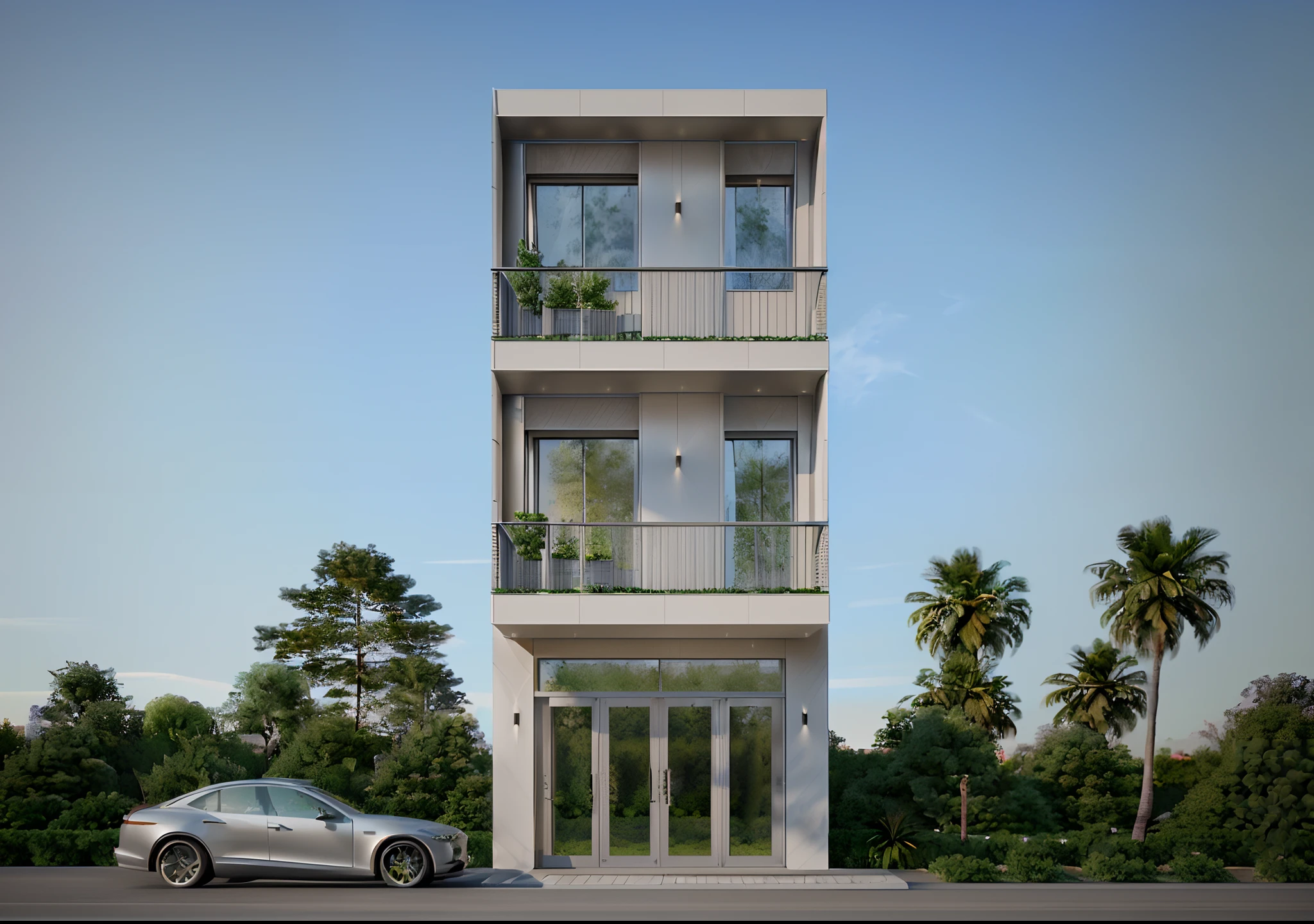 Townhouse, with bancony ((main material: Aluminum and glass, (((There is a window on the left 1.3))) and a stone walkway, lumion render, architectural render, concept house, architectural 3 d render, rendered in lumion pro, architectural visualization, architectural visualisation, award-winning render, lumion rendering, high quality rendering, professional render, high render, precise architectural rendering, stunning render, contemporary house, clean render