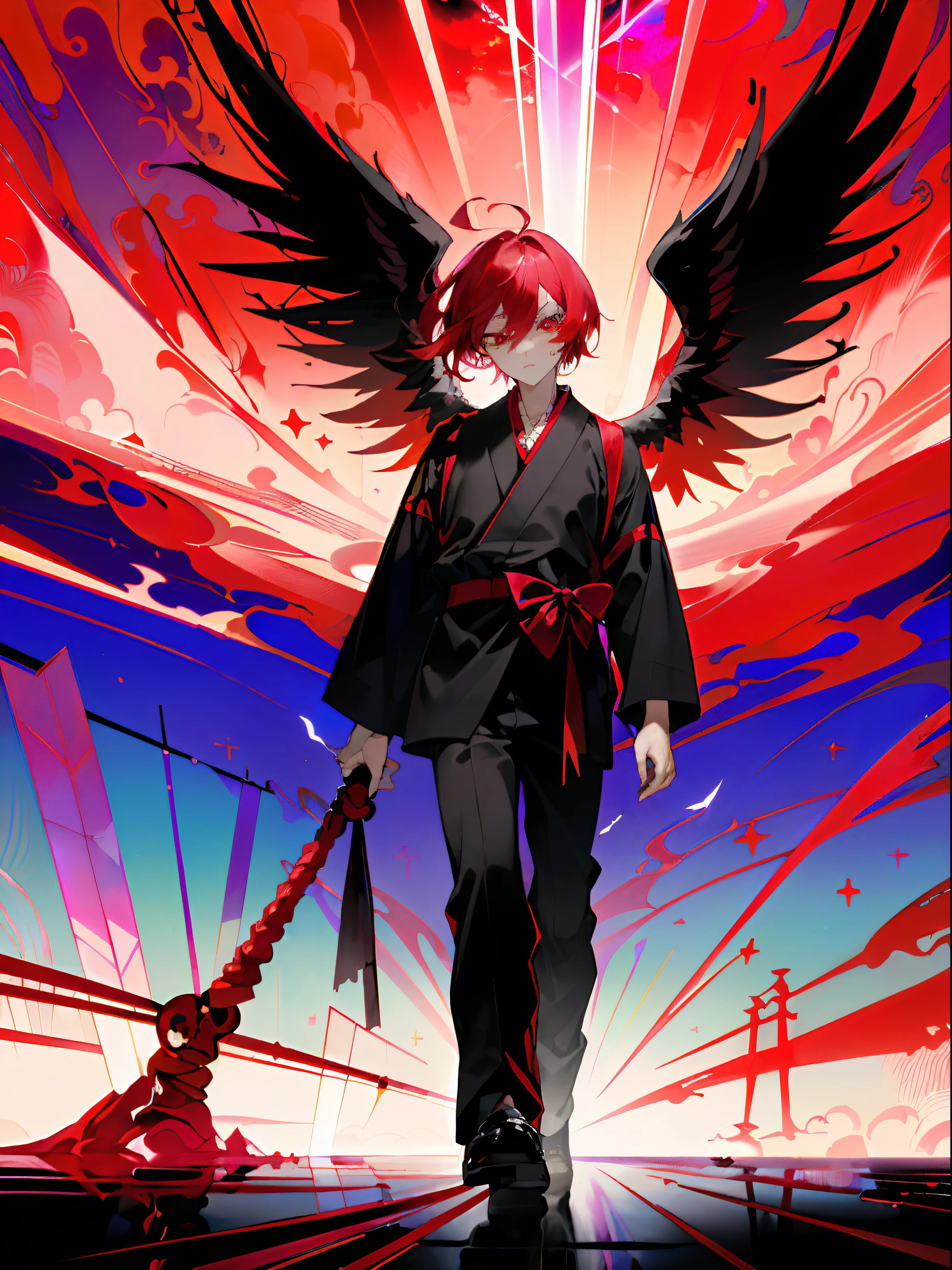 absurderes,((masutepiece)),Solo,beautifull hands,(shinigami(Black Angel Wings+Red heterochromic eye,Innocent,Beautiful,Mystical,Convoluted,He is walking in Tokyo,Colorful refraction,Surreal,Crimson and infinitely wide sky