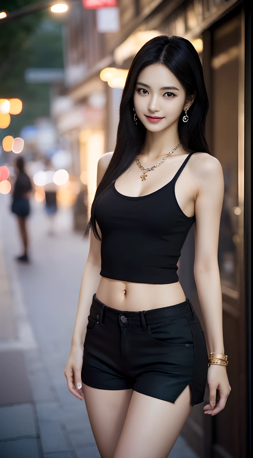 (masterpiece), a stunning photograph of korean girl model, full body, 8k, raw photo, looking at viewer, (highly detailed skin:1.2), small breasts, slim body, black hair, (photorealistic:1.4), top, shorts, solo, jewelry, earrings, (looking at viewer), long hair, brown eyes, portrait, realistic, smile, makeup, streets