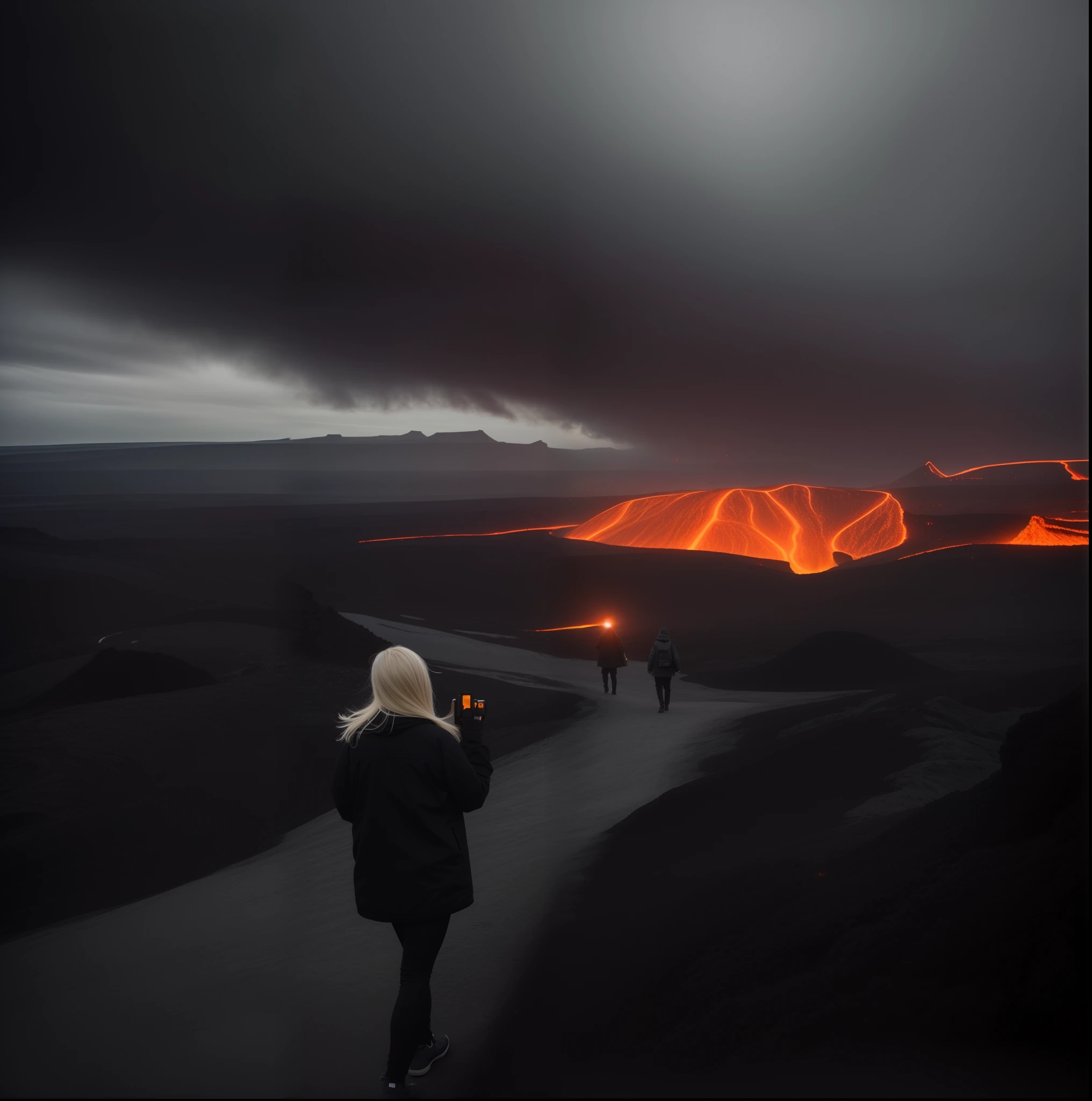 Alates in the distance，The background is smoke and lava, in volcano, Real hell view in the background, hell in the background, in volcano, In the volcano, erupting, Hellscape, amazing volcanic eruption, dramatic backgrounds, iceland, apocalypse landscape, apocalypse landscape!!!!!, volcano landscape, iceland photography, a volcano erupts, Doomsday setting, amazingly epic visuals