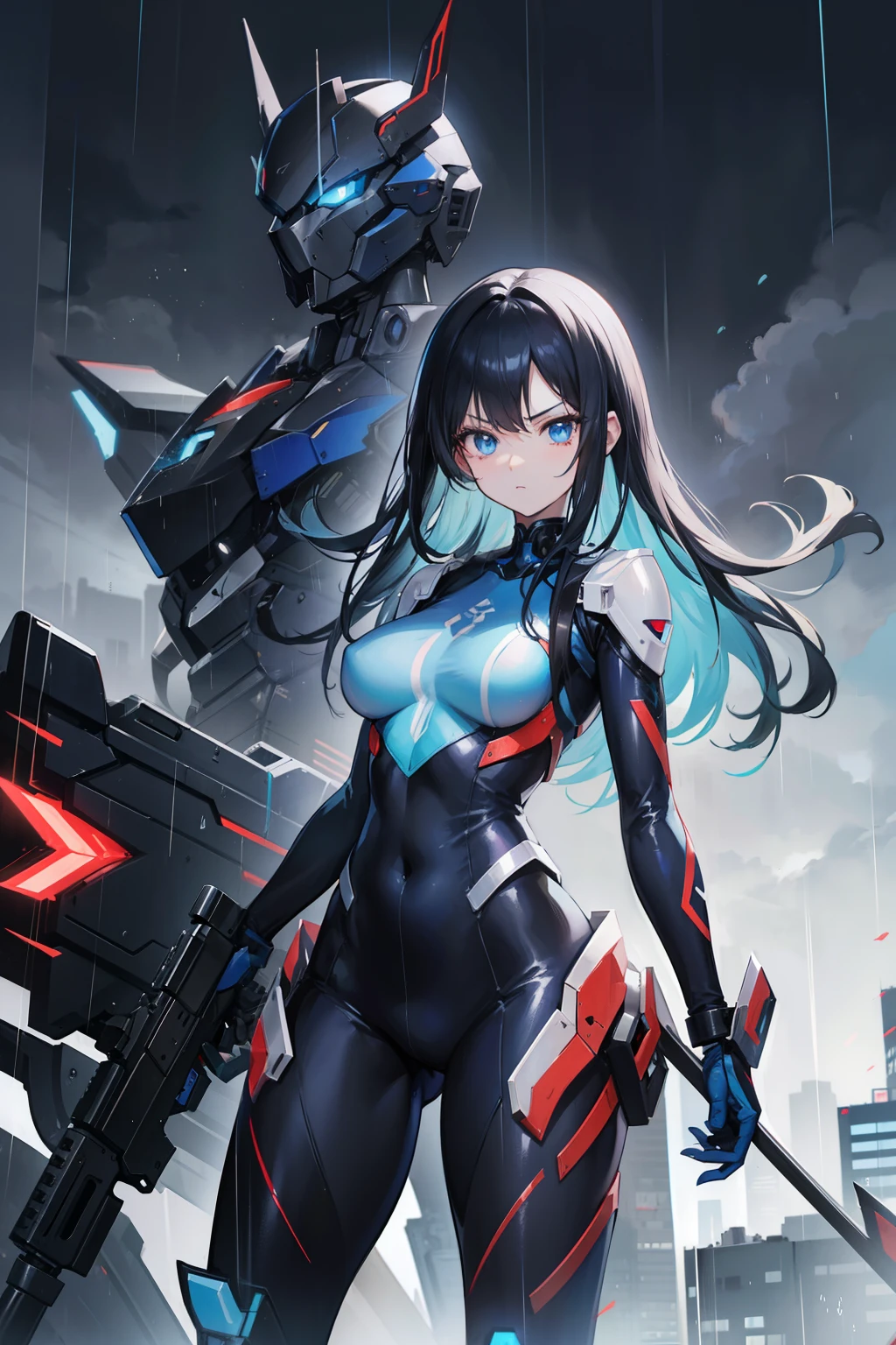 anime girl, good anatomy, detailed face, long black hair, beautiful blue eyes, slightly fierce face, mature, tall, mecha suit, nice background of a rainy city, 8k, high resolution