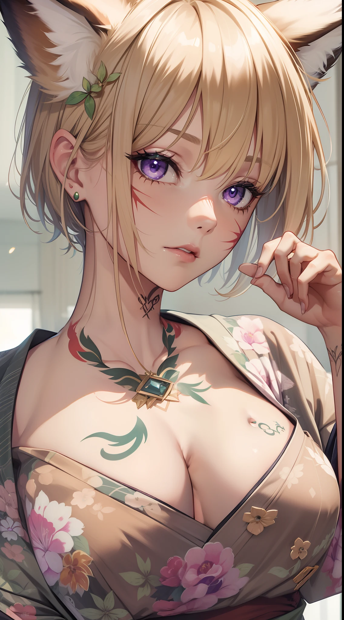 young girl, short blonde hair, Fox ears, violet eyes, tattoo, Scars, green kimono, tattoo, open belly, open breasts, open shoulders, neckline on the chest, long skirt, Sad,4k, HD, Good detail