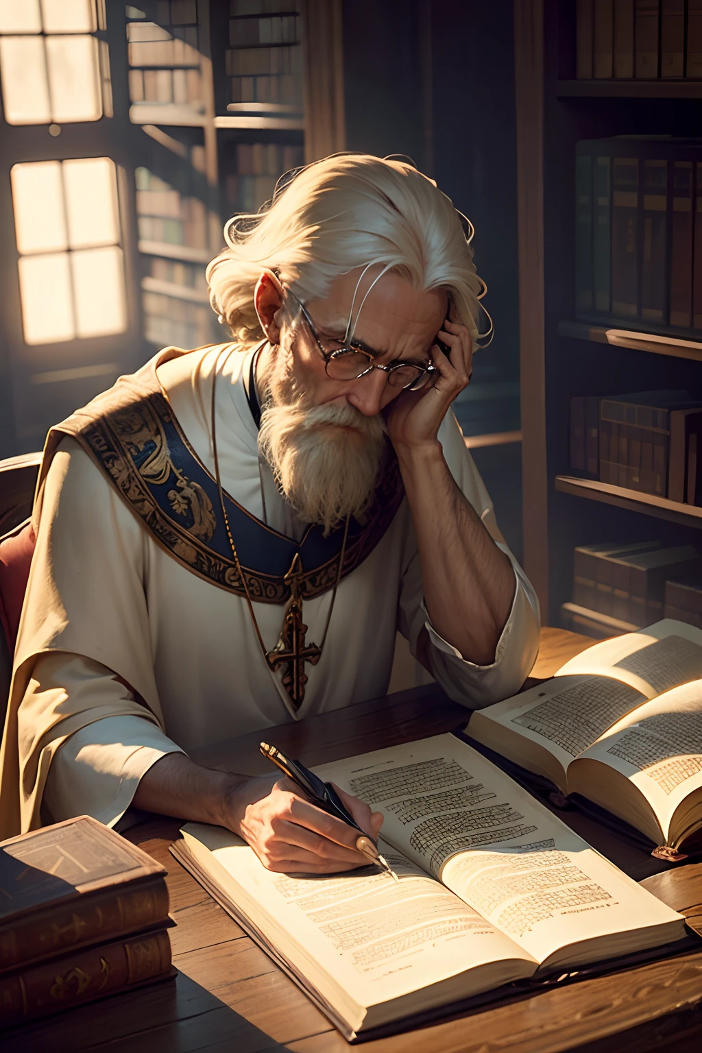 Saint Jerome in the detailed library, air above the hair, IPA award, masterpiece, best lighting, best shadows, best reflections,
