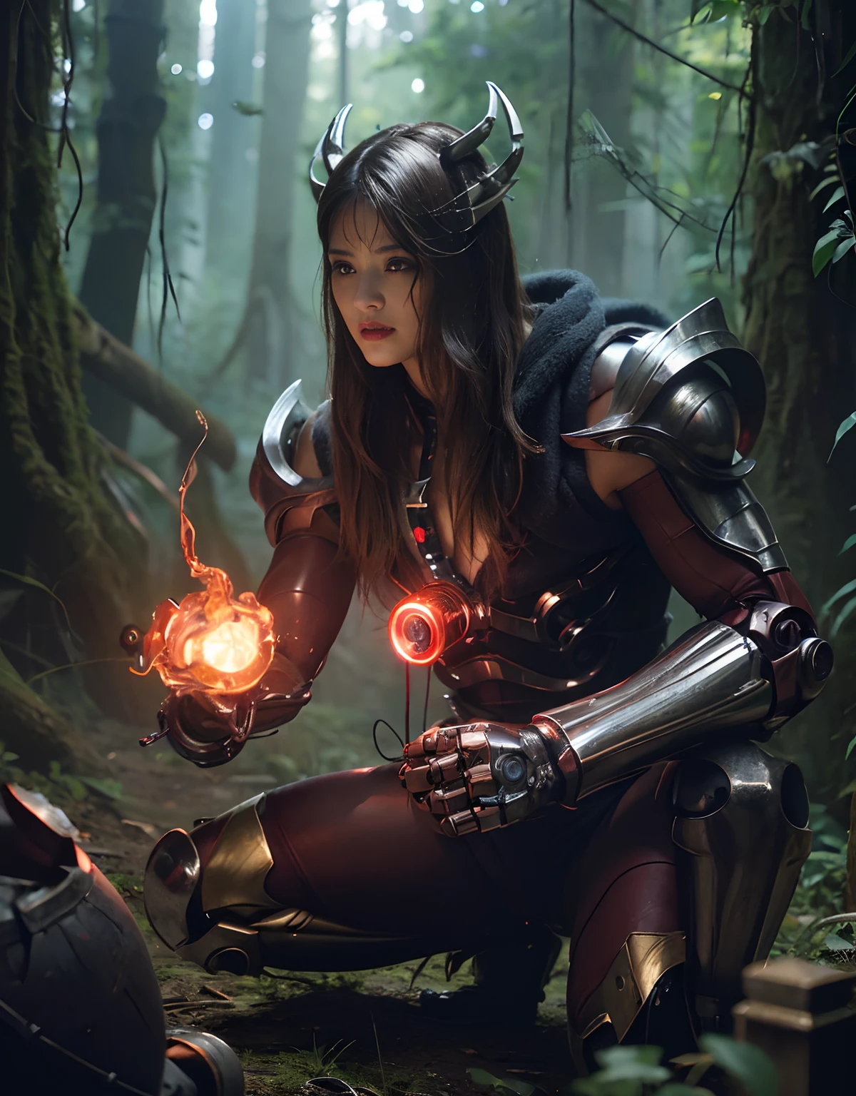 (1 Mechanical Girl)、top-quality、​masterpiece、超A high resolution、(Photorealsitic:1.4)、Raw photo、女の子1人、Fight mutants、glowy skin、(((1 Mechanical Girl)))、With a beautiful knife、（Silver Metal Bodysuit）、(Kobold、ogre、Fierce battle with orcs),（Fight fiercely against aliens）、Fight fiercely、(beautiful forest background)、(Fighting Demonic Beasts)、(Small LED)、((super realistic details))、portlate、(Strong giant demon beast background),globalillumination、Shadow、octan render、8K、ultrasharp、Colossal tits、Raw skin is exposed in cleavage、metals、Details of complex ornaments、Japan details、highly intricate detail、Realistic light、(Mystical expression),CGSoation Trends、Red Eyes、radiant eyes、Facing the camera、neon details、(Mechanical limbs)、(blood vessels connected to tubes)、Mechanical vertebrae attached to the back、mechanical cervical attaching to neck、(Wires and cables connecting to the head)、Gundam、Small LED、,Mechanical thighs、Toostock、（Hands are also made of machines）、（Attack of the Monster Beasts）、（Wounded in a deadly battle）、