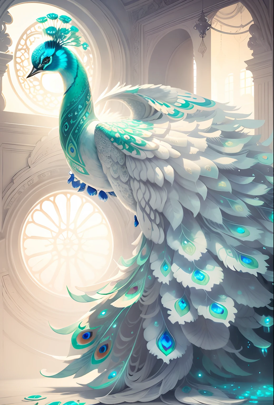 best quality, a stunning artwork of a beautiful white peacock, intricately detailed, (best shadow), elegant, volumetric lighting