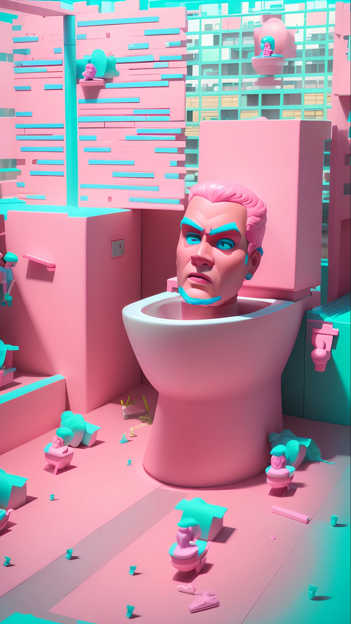 barbie Doll style: Ken. (A giant Man Charracter), (Pink and cyan Background), (outdoor, building, Road), (Head in Toilet), skibidi toilet, Giant, Toy.