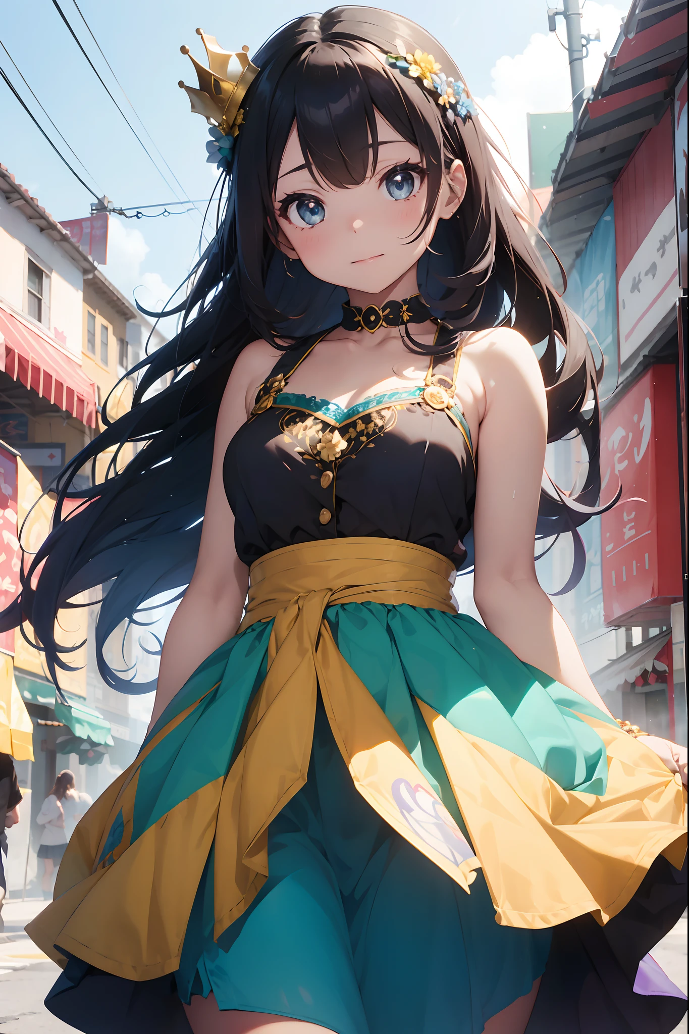 Amidst a vibrant, bustling carnival, there stands an enchantingly beautiful girl who seems to have stepped out of a kaleidoscope of colors and joy. Her attire is a breathtaking testament to the celebration that surrounds her, and every hue dances in harmony to create a dazzling spectacle.

She wears a resplendent gown that is a riot of vibrant colors, as if a rainbow had been woven into the fabric itself (dress material: 1.0). The bodice of her dress is a rich, royal blue adorned with intricate, hand-embroidered patterns that gleam with gold and silver threads (bodice design: 1.0).

Her skirt flows in a riot of colors, transitioning seamlessly from emerald green at the waist to deep crimson, then to electric blue, and finally ending in a burst of sunny yellow at the hem (skirt gradient: 1.0). The fabric is so voluminous that it billows around her like a glorious, swirling whirlwind of color with each step (skirt volume: 1.0).

Around her waist, she wears a wide sash in a brilliant shade of fuchsia, cinched with a bow that adds a playful touch (waist sash: 1.0). The sash is adorned with sparkling sequins that catch the sunlight and cast shimmering reflections all around her (sequin detail: 1.0).

Her hair is a cascade of lustrous chestnut waves, adorned with a crown of fresh flowers that mirror the carnival's vibrant palette (flower crown: 1.0). Her eyes are lined with vivid teal eyeshadow that enhances their natural sparkle (eye makeup: 1.0).

With every movement, she seems to release a burst of color into the air, and as she twirls, the carnival seems to come alive around her, matching the vibrancy of her attire. She is not just a part of the festivities; she is the very embodiment of the carnival's exuberance, a living celebration of life and color.