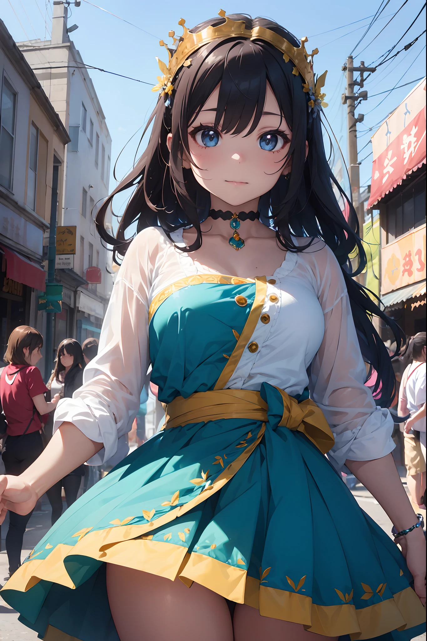 Amidst a vibrant, bustling carnival, there stands an enchantingly beautiful girl who seems to have stepped out of a kaleidoscope of colors and joy. Her attire is a breathtaking testament to the celebration that surrounds her, and every hue dances in harmony to create a dazzling spectacle.
She wears a resplendent gown that is a riot of vibrant colors, as if a rainbow had been woven into the fabric itself (dress material: 1.0). The bodice of her dress is a rich, royal blue adorned with intricate, hand-embroidered patterns that gleam with gold and silver threads (bodice design: 1.0).
Her skirt flows in a riot of colors, transitioning seamlessly from emerald green at the waist to deep crimson, then to electric blue, and finally ending in a burst of sunny yellow at the hem (skirt gradient: 1.0). The fabric is so voluminous that it billows around her like a glorious, swirling whirlwind of color with each step (skirt volume: 1.0).
Around her waist, she wears a wide sash in a brilliant shade of fuchsia, cinched with a bow that adds a playful touch (waist sash: 1.0). The sash is adorned with sparkling sequins that catch the sunlight and cast shimmering reflections all around her (sequin detail: 1.0).
Her hair is a cascade of lustrous chestnut waves, adorned with a crown of fresh flowers that mirror the carnival's vibrant palette (flower crown: 1.0). Her eyes are lined with vivid teal eyeshadow that enhances their natural sparkle (eye makeup: 1.0).
With every movement, she seems to release a burst of color into the air, and as she twirls, the carnival seems to come alive around her, matching the vibrancy of her attire. She is not just a part of the festivities; she is the very embodiment of the carnival's exuberance, a living celebration of life and color.