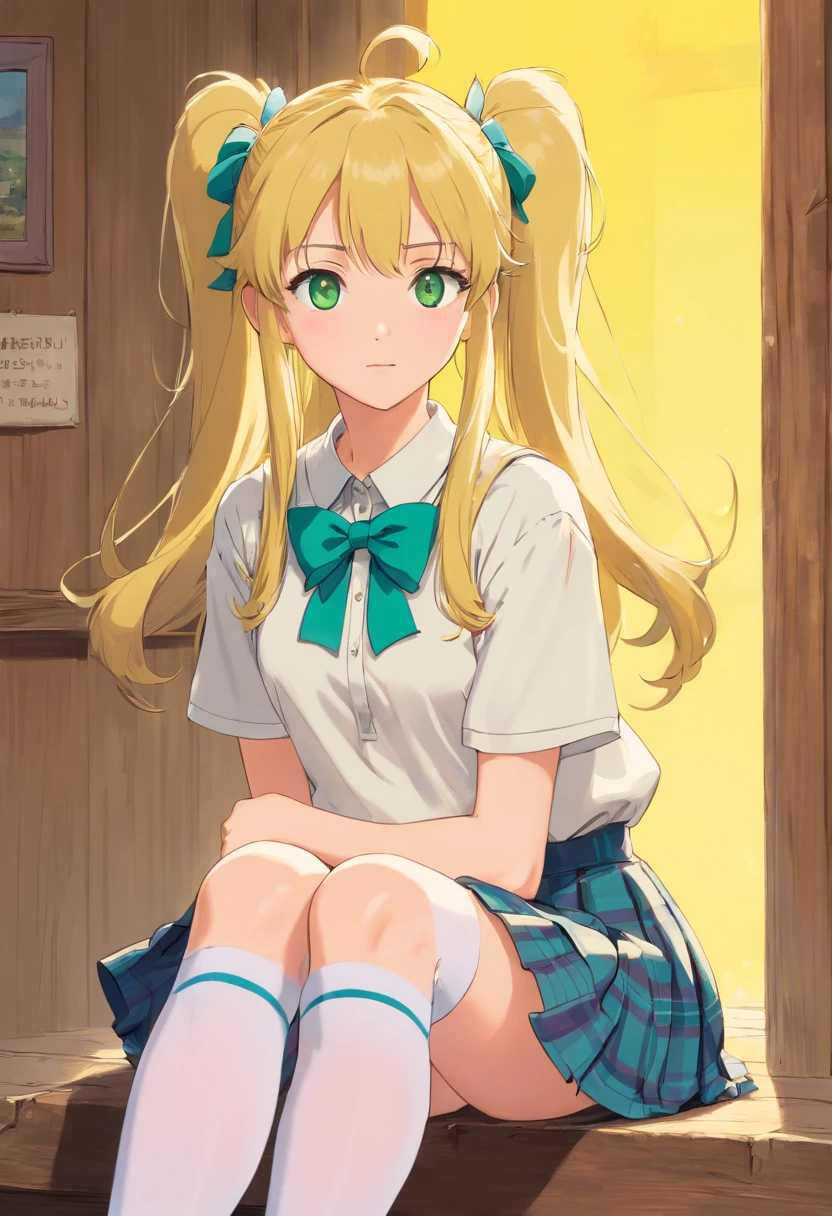 score_9, score_8_up, score_7_up, BREAK source_anime, rating_explicit, best quality, masterpiece, uncensored,1girl,Jougasakijgskrk, , long hair, blonde hair, two side up, bangs, hair ornament, green eyes, small breasts,sweat,blush,sweater vest,plated skirt,orange skirt,skirt lift,pov,sitting on penis,cowgirl position,grinding