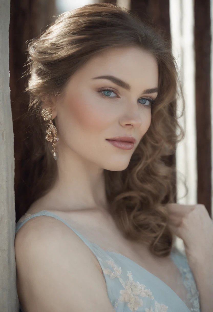 arafed woman fully, thick, sexy girl with blue eyes, ultra realistic, meticulously detailed, portrait sophie mudd, brown hair and large eyes, selfie of a young woman, bedroom eyes, violet myers, makeup, natural makeup, looking directly at the camera, subtle makeup, having a drink at the club, large size bust