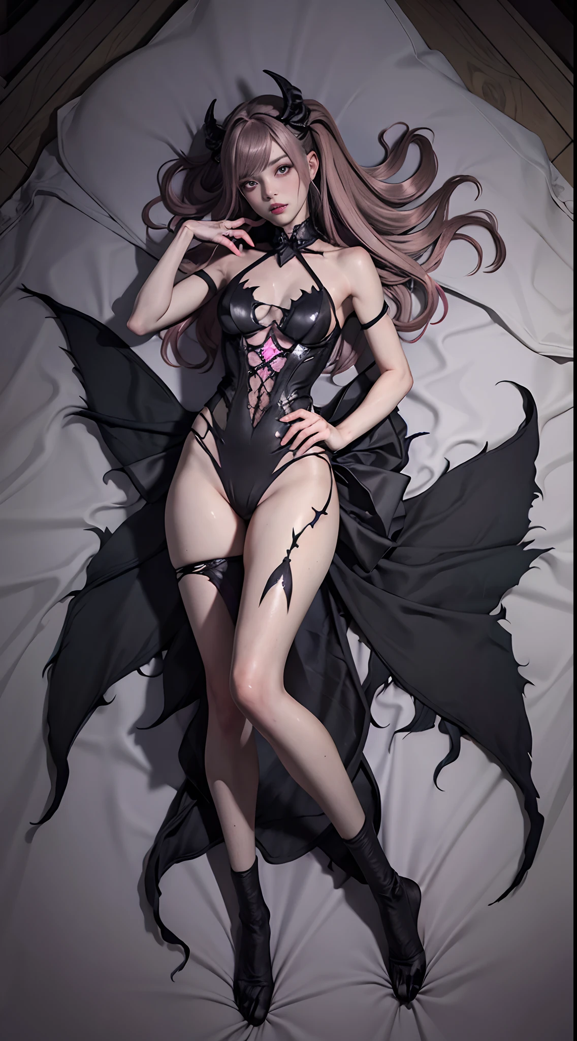 (Best Quality,4K,High resolution),Succubus(Best Quality,4K,High resolution), Charming woman,Pink-purple hair on a black body, the whole body is covered with hairs,Succubus scalpel, transform,An abnormal,kawaii eyes,glowing pink eyes,Facial expression enhancement,,Changing the Appearance of a Transform,beast,Beastification,buttle,Delicate illustrations drawn in detail,Realistic skin texture expression,Realistic portrayal,Vibrant colors,expresive,Classic background(Best Quality,4K,High resolution), Comical appearance,(Best Quality,4K,High resolution), 18yo woman, Pink highlights on brown hair,long twin tail hair,Charming woman,Small breasts,Beautiful eyes ,big eye,Intricately decorated ripped clothes,the witch,comic strip,animesque,Comical illustration,busy,Deformed cute illustration,Full body projection,Halloween,Dark worldview