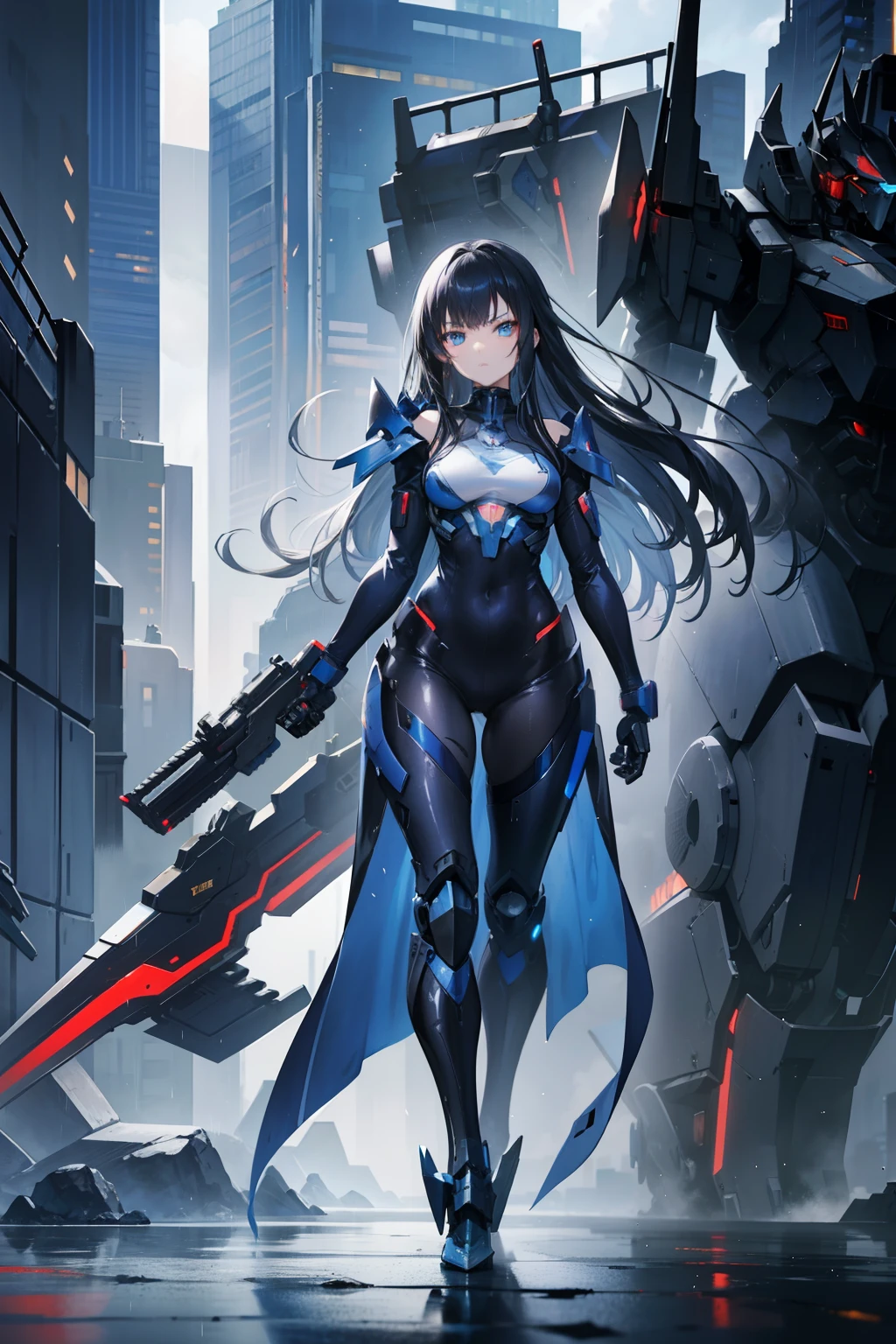 anime girl, good anatomy, long black hair, beautiful blue eyes, slightly fierce face, mature, tall, mecha suit, nice background of a rainy city, 8k, high resolution