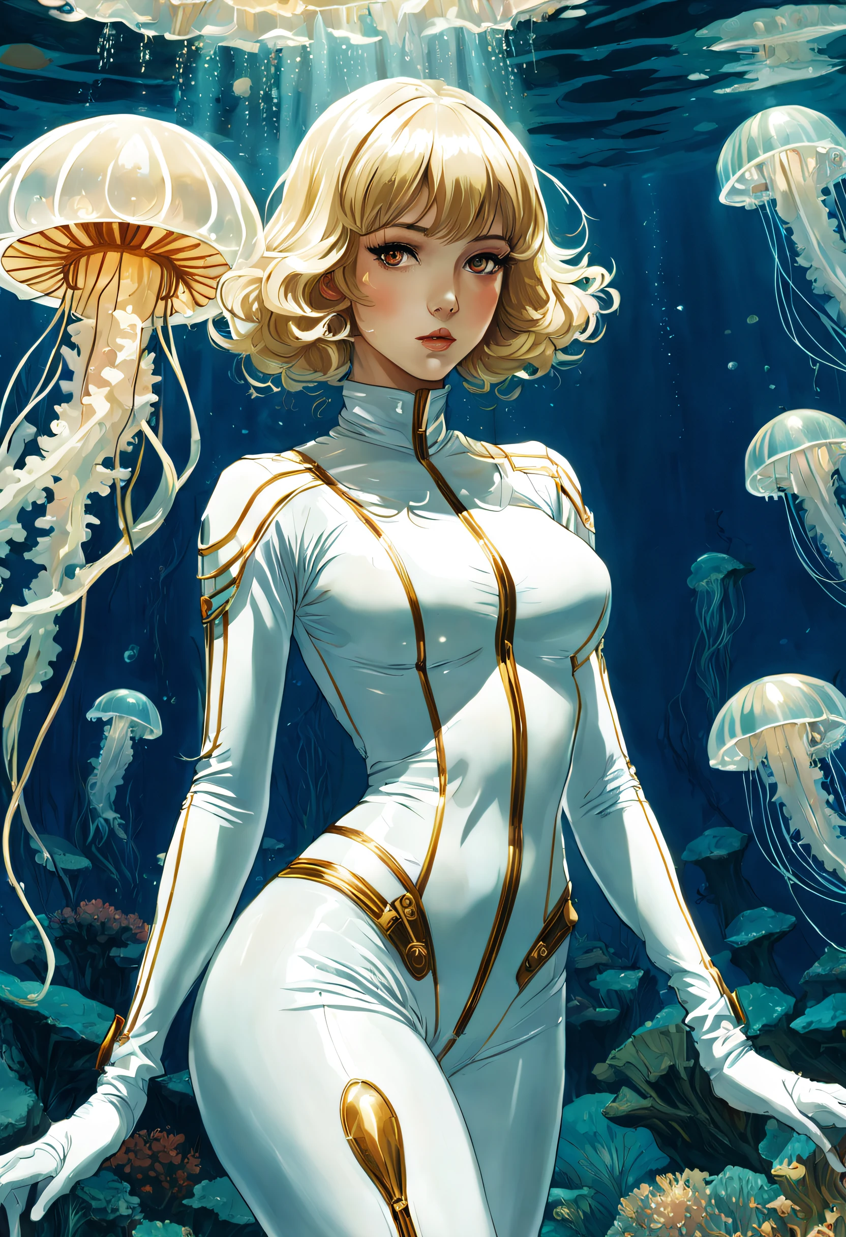 arte do anime,  Girl wearing tight white latex clothing,  gengibre,  sentado ao lado de uma grande janela submarina,  underwater scene,  Blooming jellyfish,  arte por J.C. Leyendecker . estilo anime,  visual chave,  vibrante,  studio anime,  altamente detalhado