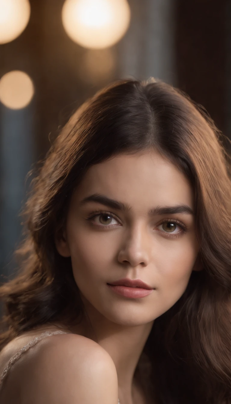 chica hiperrealista, realismo extremo, luna de fondo, chica cabello ?????, chica ojos cafe oscuro, chica tez moreno