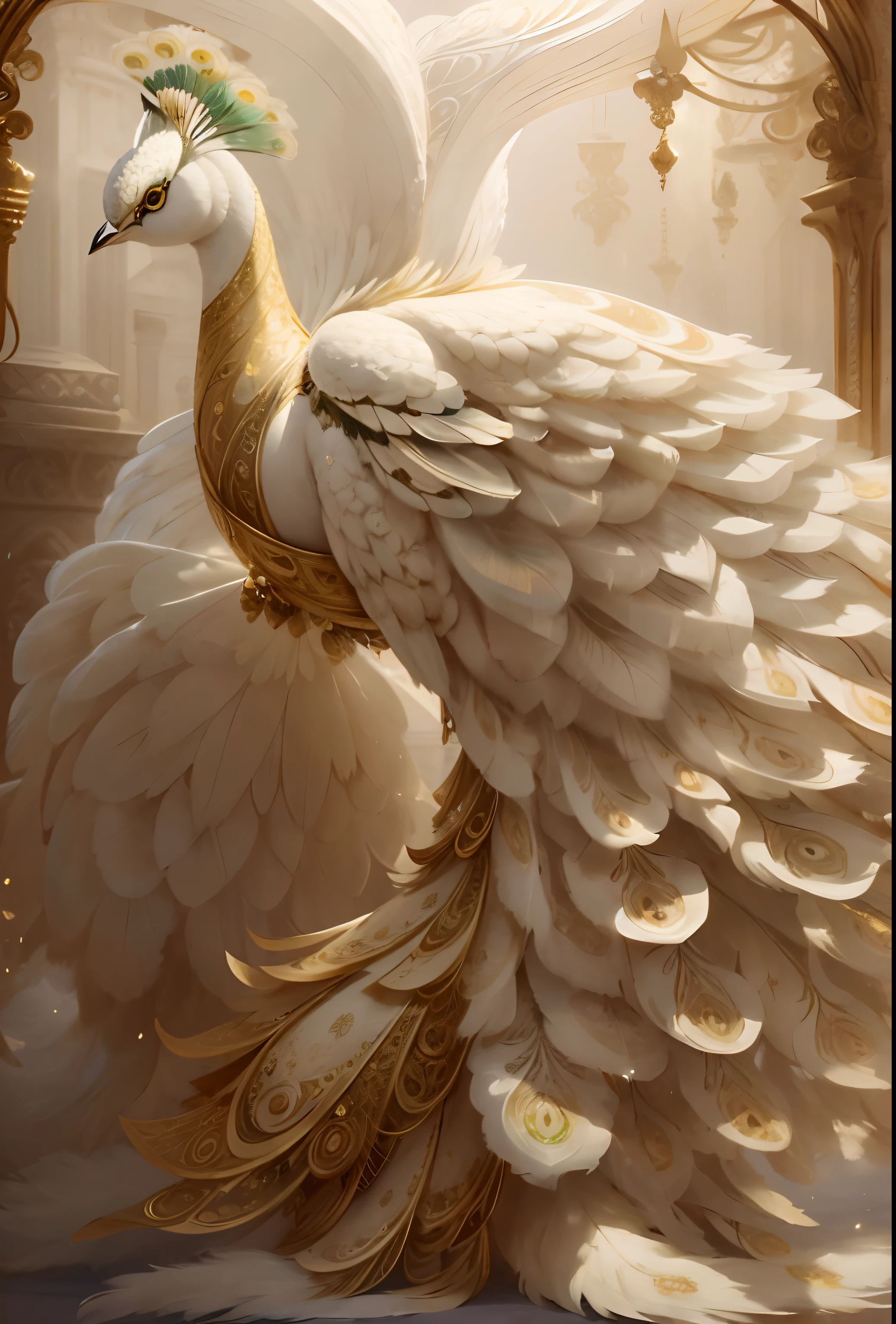 best quality, a stunning artwork of a beautiful white peacock, intricately detailed, (best shadow), elegant, volumetric lighting