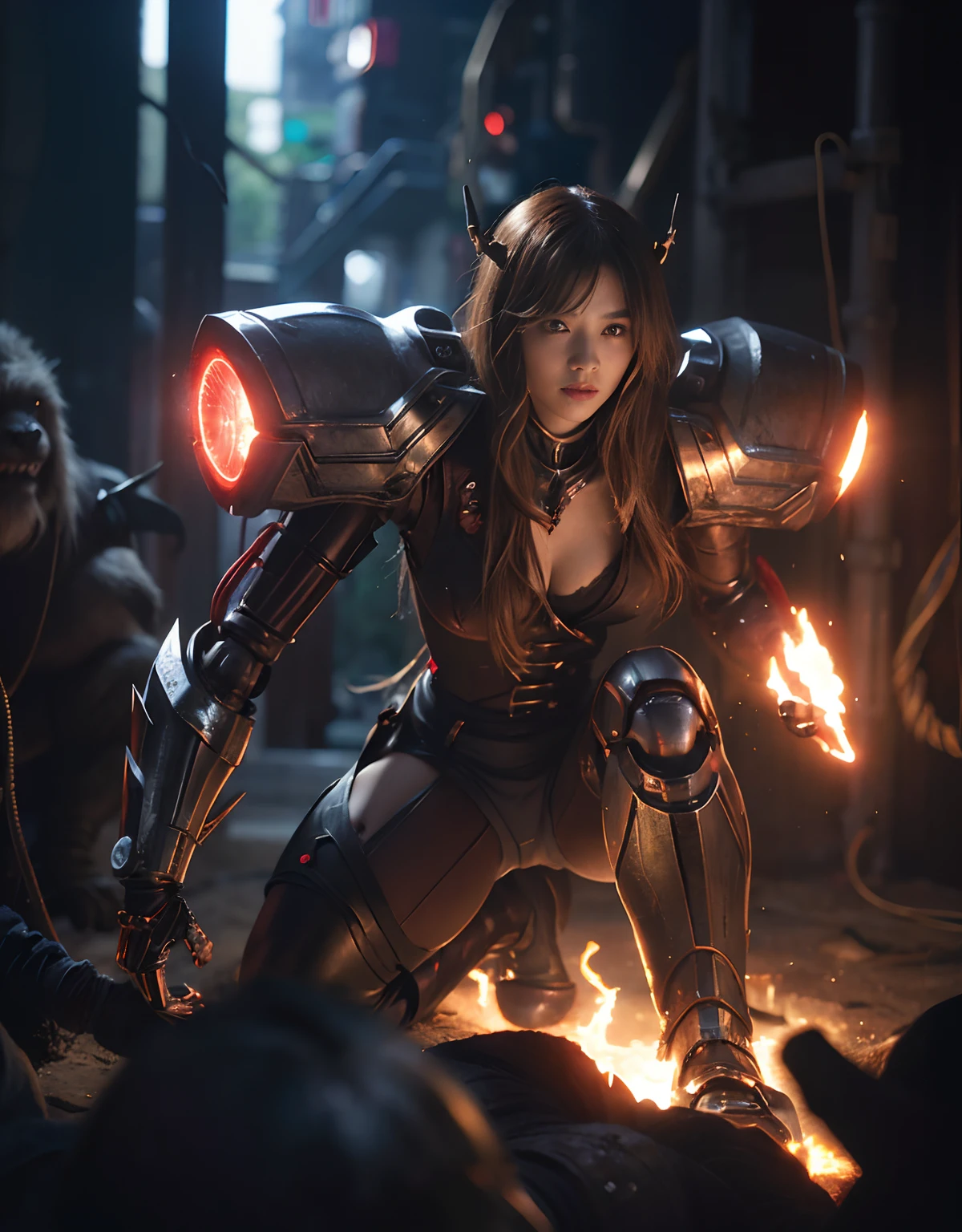 (1 Mechanical Girl)、top-quality、​masterpiece、超A high resolution、(Photorealsitic:1.4)、Raw photo、女の子1人、Fight mutants、glowy skin、(((1 Mechanical Girl)))、With a beautiful knife、（Silver Metal Bodysuit）、(Kobold、ogre、Fierce battle with orcs),（Fight fiercely against aliens）、Fight fiercely、(beautiful forest background)、(Fighting Demonic Beasts)、(Small LED)、((super realistic details))、portlate、(Strong giant demon beast background),globalillumination、Shadow、octan render、8K、ultrasharp、Colossal tits、Raw skin is exposed in cleavage、metals、Details of complex ornaments、Japan details、highly intricate detail、Realistic light、(Mystical expression),CGSoation Trends、Red Eyes、radiant eyes、Facing the camera、neon details、(Mechanical limbs)、(blood vessels connected to tubes)、Mechanical vertebrae attached to the back、mechanical cervical attaching to neck、(Wires and cables connecting to the head)、Gundam、Small LED、,Mechanical thighs、Toostock、（Hands are also made of machines）、（Attack of the Monster Beasts）、（Wounded in a deadly battle）、