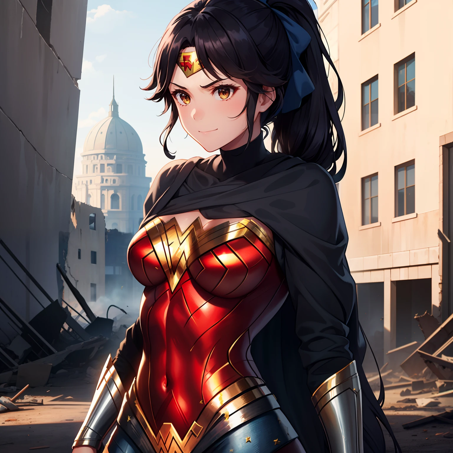 1girl,,big breasts,standing in ruined city,(8k),scratches,detailed face,black hair,brown eyes,very long hair,embarassed,small smile face,ponytail,hair, high_res, high_definition,the battlefield,battle pose,blue suit,strip of cloth at the waist,  (Wonder Woman Custome:1.1),