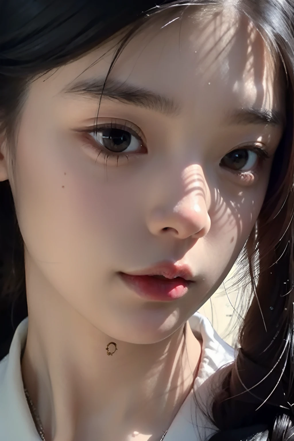 1girll,Light shines on the face, rosy lips, topknot, glowing eyes, hair bun, Surrealism, close-up, Sony FE GM, polar opposites, symmetry, UHD, masterpiece, super detail, high details, (highres:0.5)