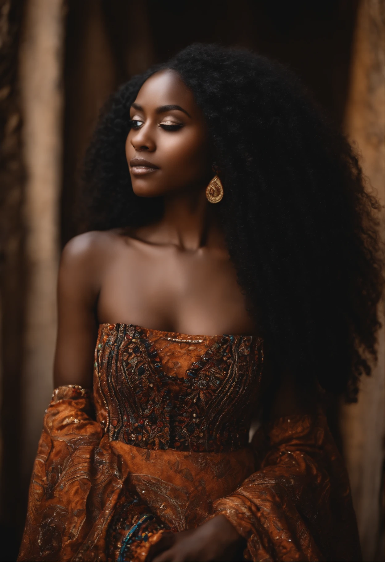 fille, africain, noir, les yeux marron, cheveux longs, 16 to 19 years ,porter une belle robe ,setting the target, corps entier