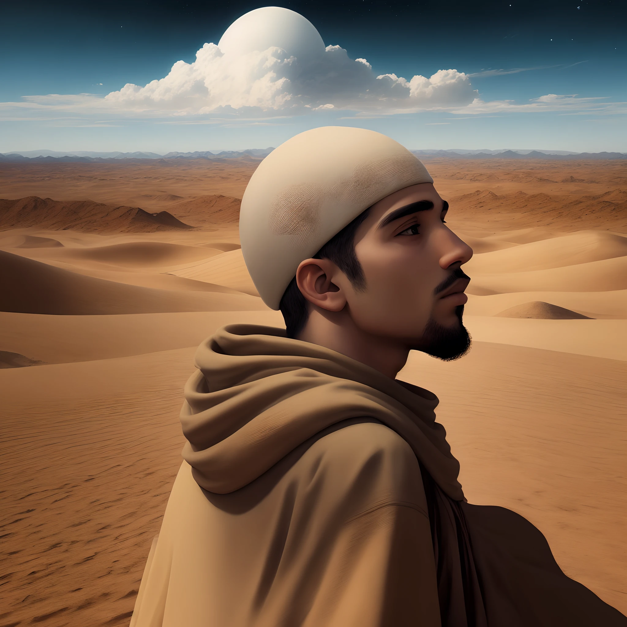 "Abraham, in a desert setting, he looks up to heaven as God makes him the promise of untold offspring, com uma paisagem celestial ao fundo."