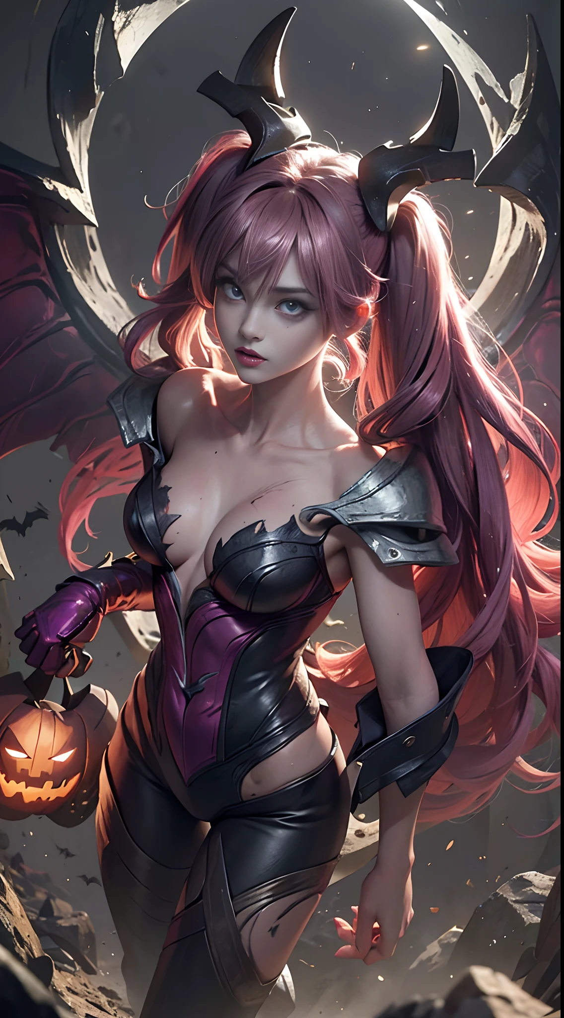 (Best Quality,4K,High resolution), Evil apotheosis,(Best Quality,4K,High resolution),Pink-purple hair on a black body, Body covered with hair all over the body, transform,An abnormal,Beautiful eyes,shining purple eyes,Facial expression enhancement,,Changing the Appearance of a Transform,beast,Beastification,buttle,Delicate illustrations drawn in detail,Realistic skin texture expression,Realistic portrayal,Vibrant colors,expresive,Classic background(Best Quality,4K,High resolution), Comical appearance,(Best Quality,4K,High resolution), 18yo woman, Pink highlights on brown hair, long twin tail hair,Twintail, Charming woman,Majinization,Beautiful eyes ,big eye,Intricately decorated ripped clothes,comic strip,animesque,Comical illustration,busy,Deformed cute illustration,Full body projection,Evil Fight,Fighting,Halloween,Dark worldview,Fighting