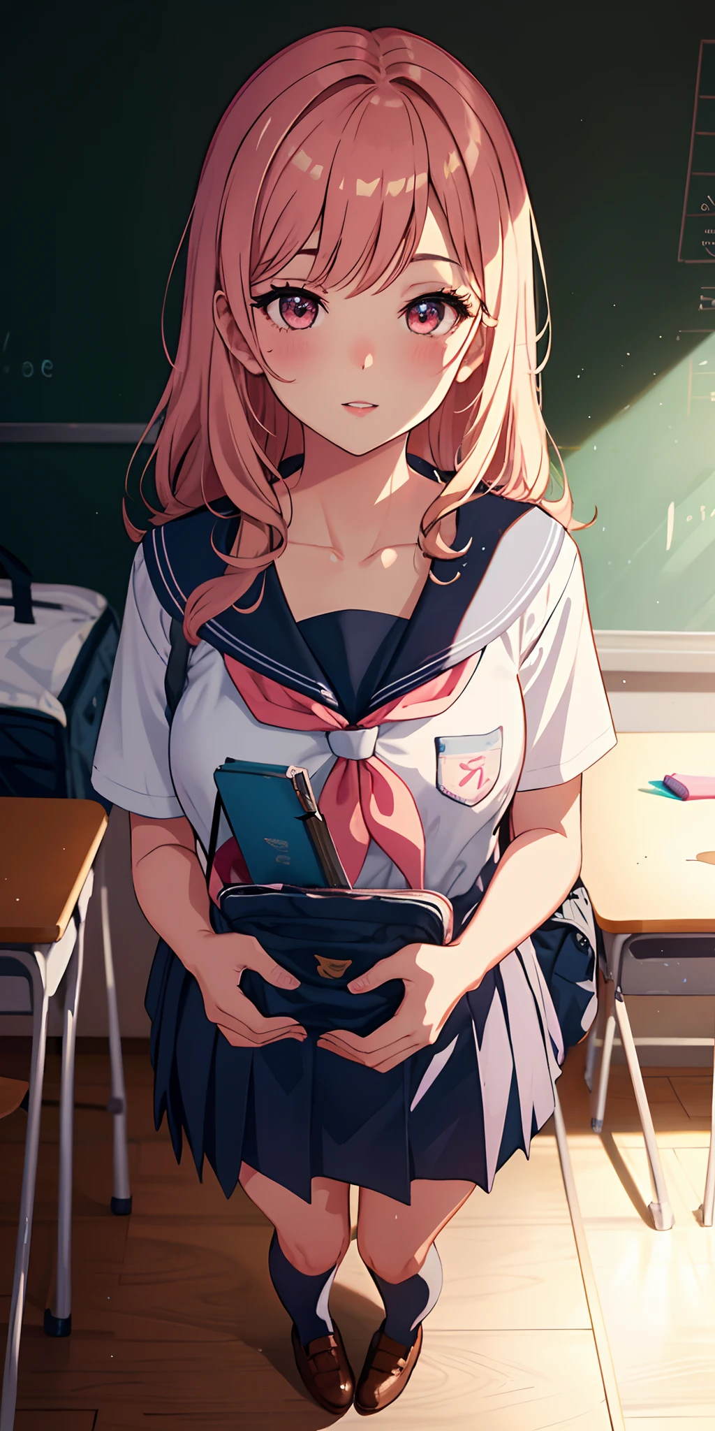 POV, from above, full body,1girl, parted lips, blush, makeup, light smile, school uniform, classroom, school bag, light rays, glow, thighs, collarbone, narrow waist, (masterpiece), wallpaper,