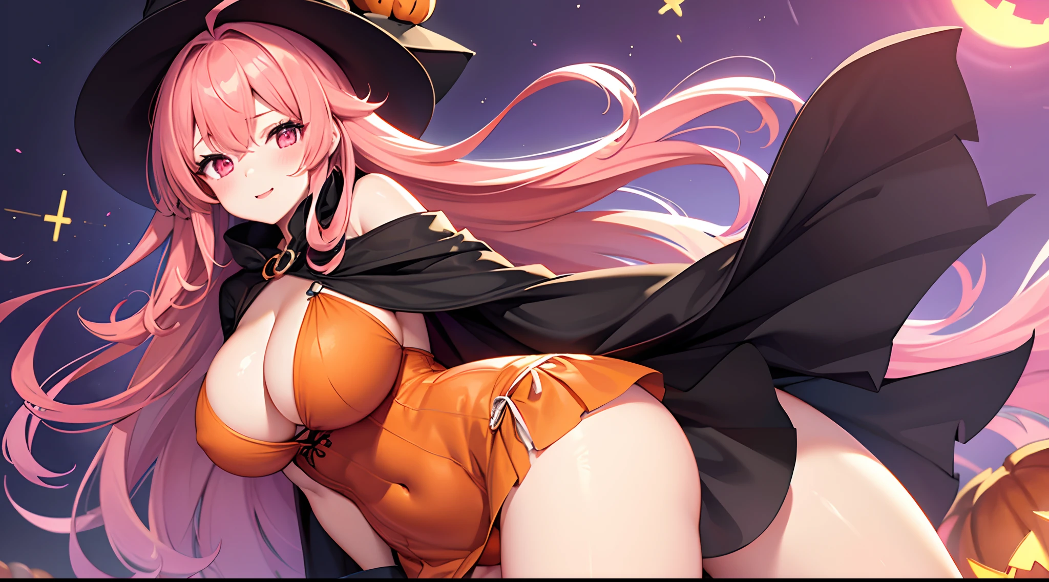 1 girl, game CG, orange mini dress, visible cleavage, visible shoulders, visible navel, black witch hat, cloak, orange panties, gigantic breasts, pink hair, long hair, straight hair, ahoge, pink eyes,Halloween background,