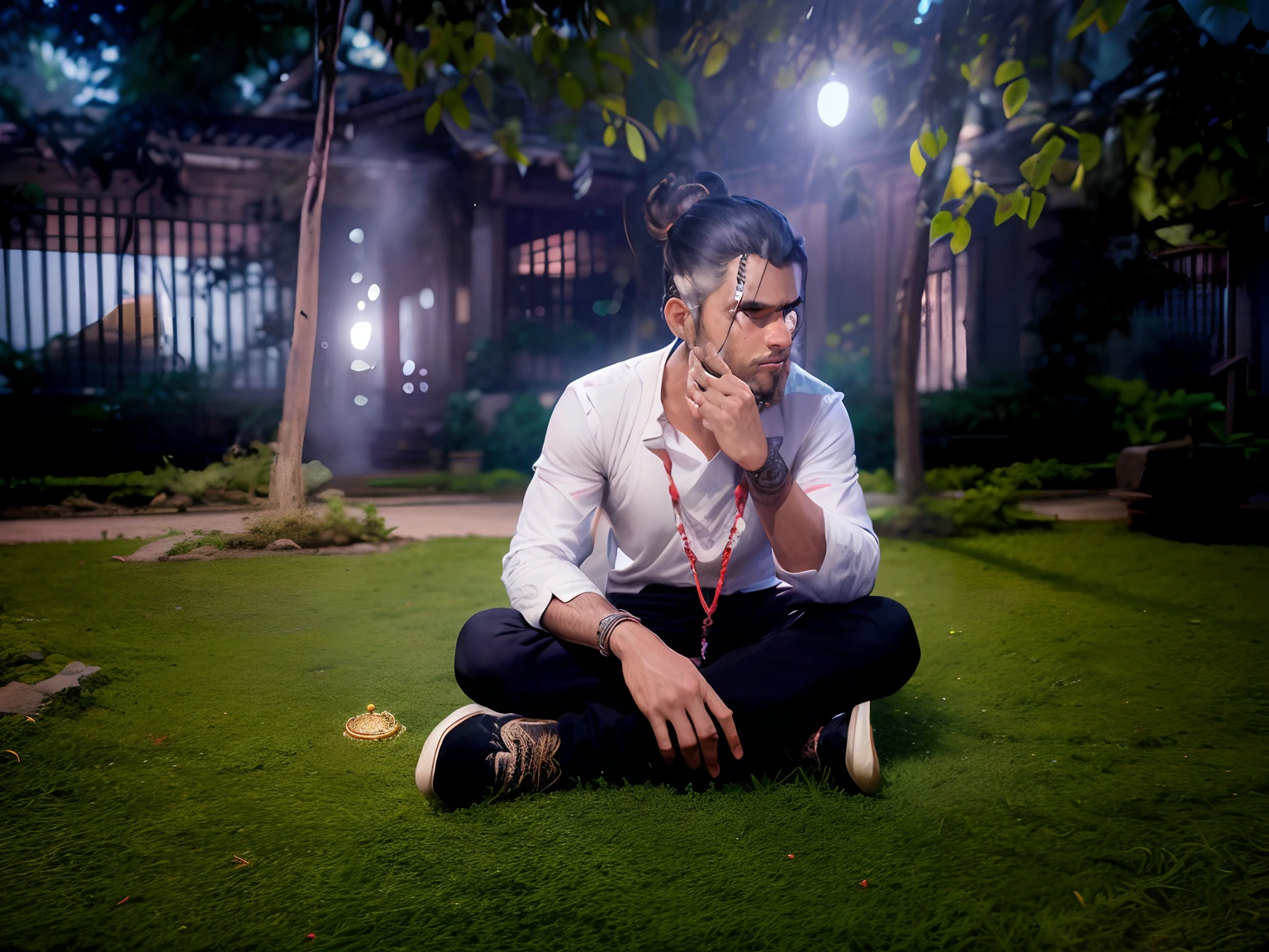 Photo portrait of abhinavagupta sitting , male, black haired man with rudraksha seeds, natural skin texture, 24mm, 4k textures, soft cinematic light, adobe lightroom, photolab, (detailed eyes: 1.1), best quality, illustration, (detailed lighting: 1.2), (beautiful detailed brightness: 1.3), white Indian shirt and pants, Intricate, digital painting, smooth, sharp focus, realistic epic, (HDR:1.4), (muted colors:1.4), neutral colors, night, (intricate details, hyperdetailed:1.3), cinematic photo, vignette, background in a forest