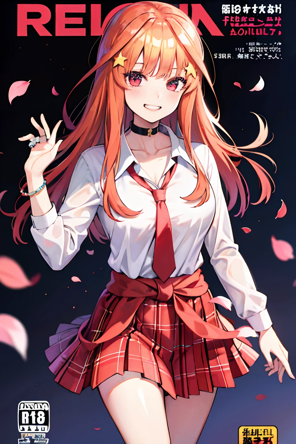 masterpiece, best quality, full body,
1girl, bangs, black choker, black necktie, blonde hair, blue skirt, blush, bracelet, breasts, choker, clothes around waist, collarbone, collared shirt, cowboy shot, dress shirt, ear piercing, eyebrows visible through hair, gradient hair, grin, gyaru, jewelry, kogal, long hair, looking at viewer, loose necktie, necktie, piercing, plaid, plaid skirt, pleated skirt, red eyes, ring, school uniform, shirt, skirt, smile, solo, white shirt,
street, sky, cherry blossoms, petals,illustration, (magazine:1.3), (cover-style:1.3), fashionable, woman, vibrant, outfit, posing, front, colorful, dynamic, background, elements, confident, expression, holding, statement, accessory, majestic, coiled, around, touch, scene, text, cover, bold, attention-grabbing, title, stylish, font, catchy, headline, larger, striking, modern, trendy, focus, fashion,
