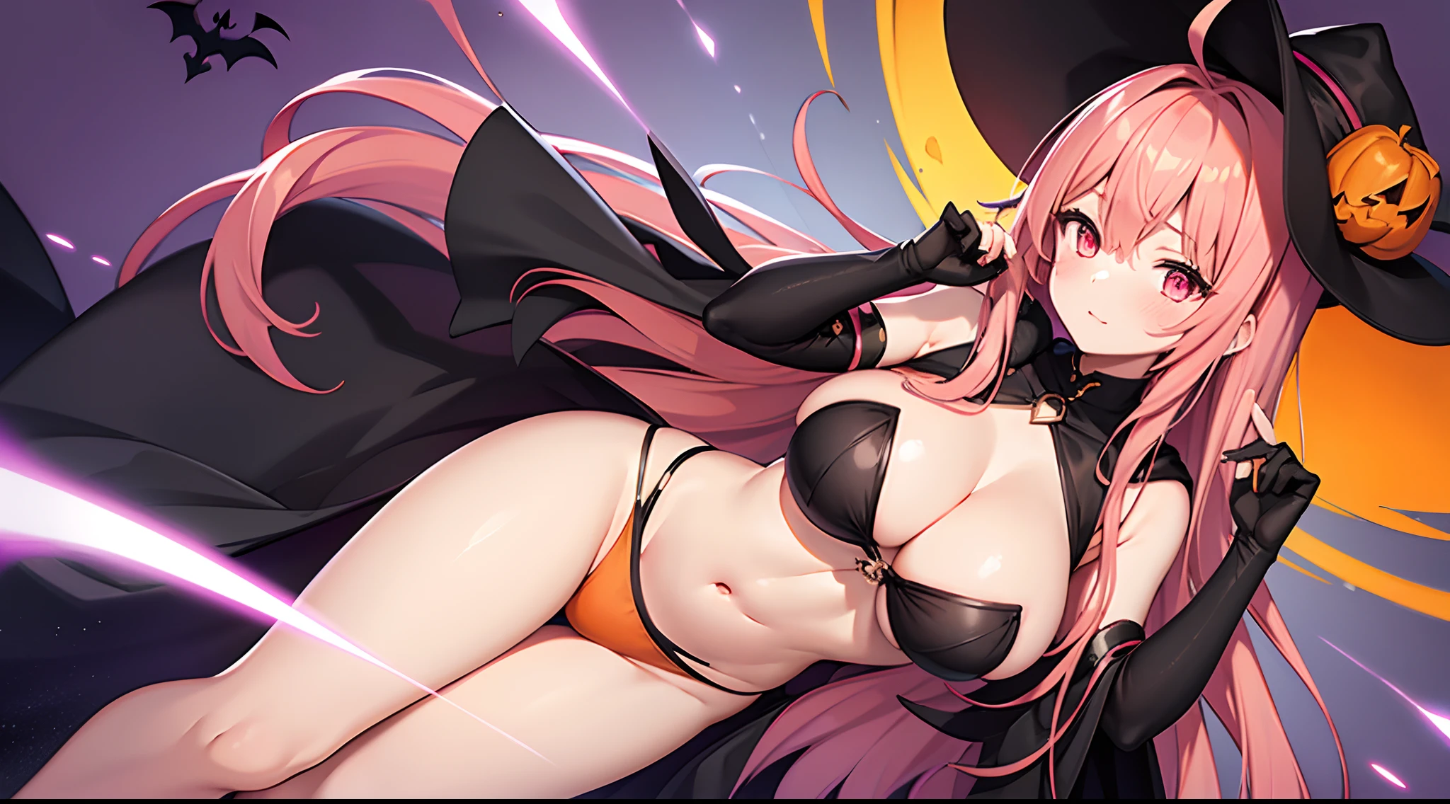 1 girl, game CG, orange mini dress, visible cleavage, visible shoulders, visible navel, black witch hat, cloak, orange panties, gigantic breasts, pink hair, long hair, straight hair, ahoge, pink eyes,Halloween background,