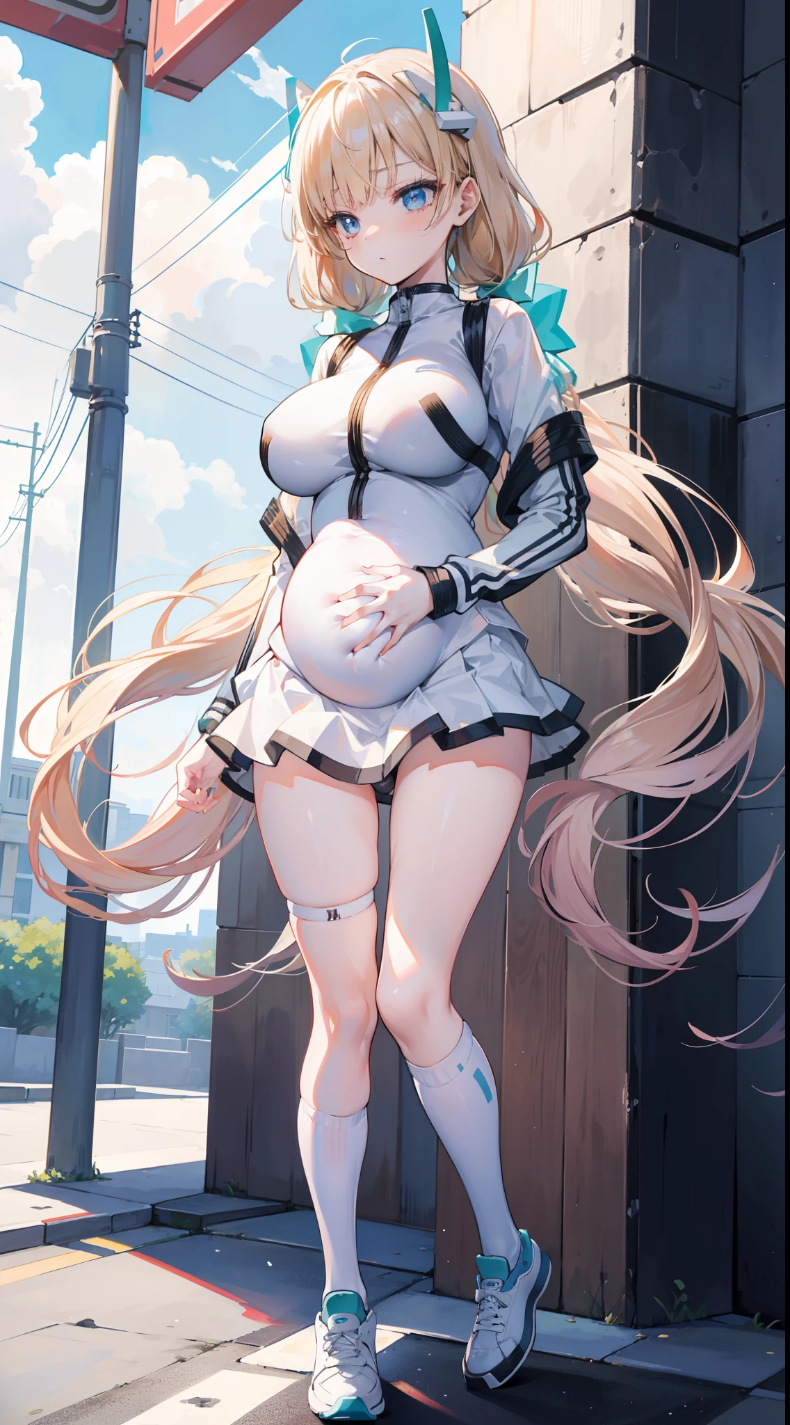 Masterpiece, 1girll, yukino yukinoshita, Glowing eyes, White sneakers, tennis wear, White miniskirt, White panties, White knee socks, Masterpiece, Top quality, Hyper-detailed, Blue sky, grabbing her own breasts,Pregnant belly,Pregnant belly, Masterpiece,Best quality,absurderes,2D,((Anime screencap)),1girll,Cute,Expressive hair,Long hair,(Medium breasts),bouncing breasts,(pregnant:0.9),ahegao,Long shirt,vibrator in thighhighs,(((Trembling))),Outdoors,street